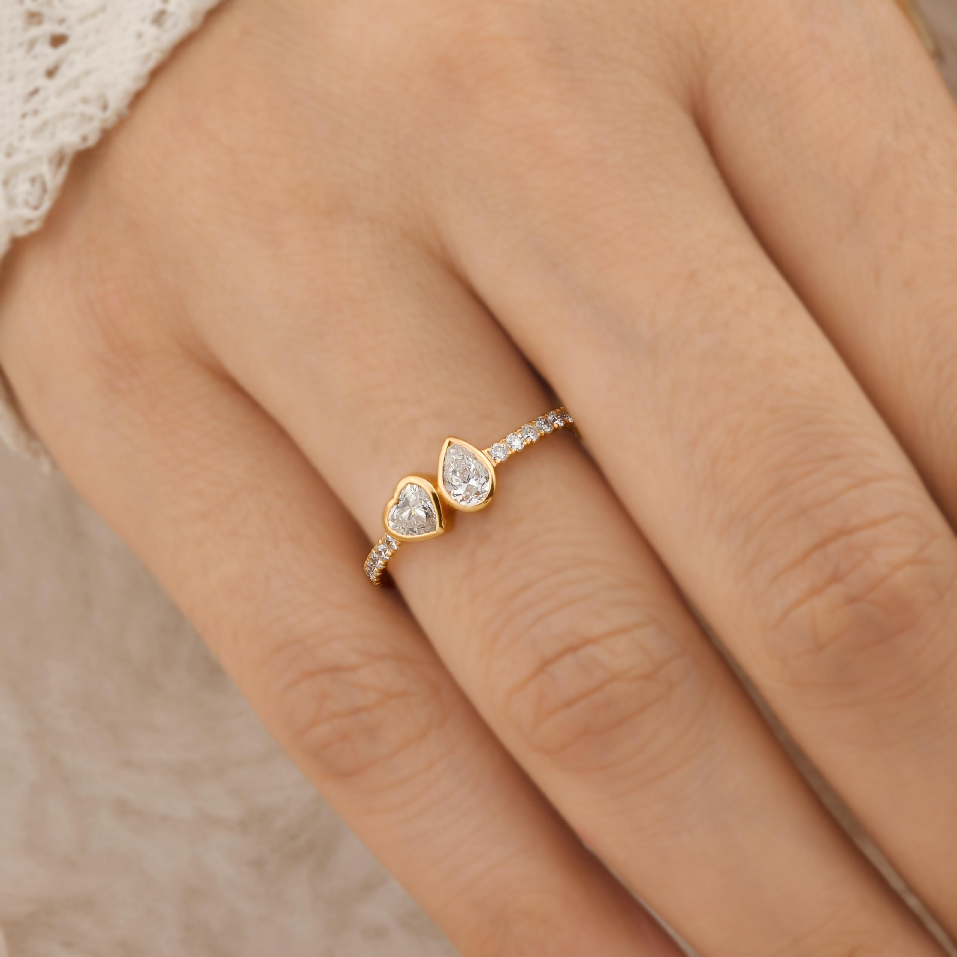 Anillo de diamantes talla pera y corazón de 0,77 quilates Joyería hecha a mano en oro amarillo de 14k Corte pera en venta
