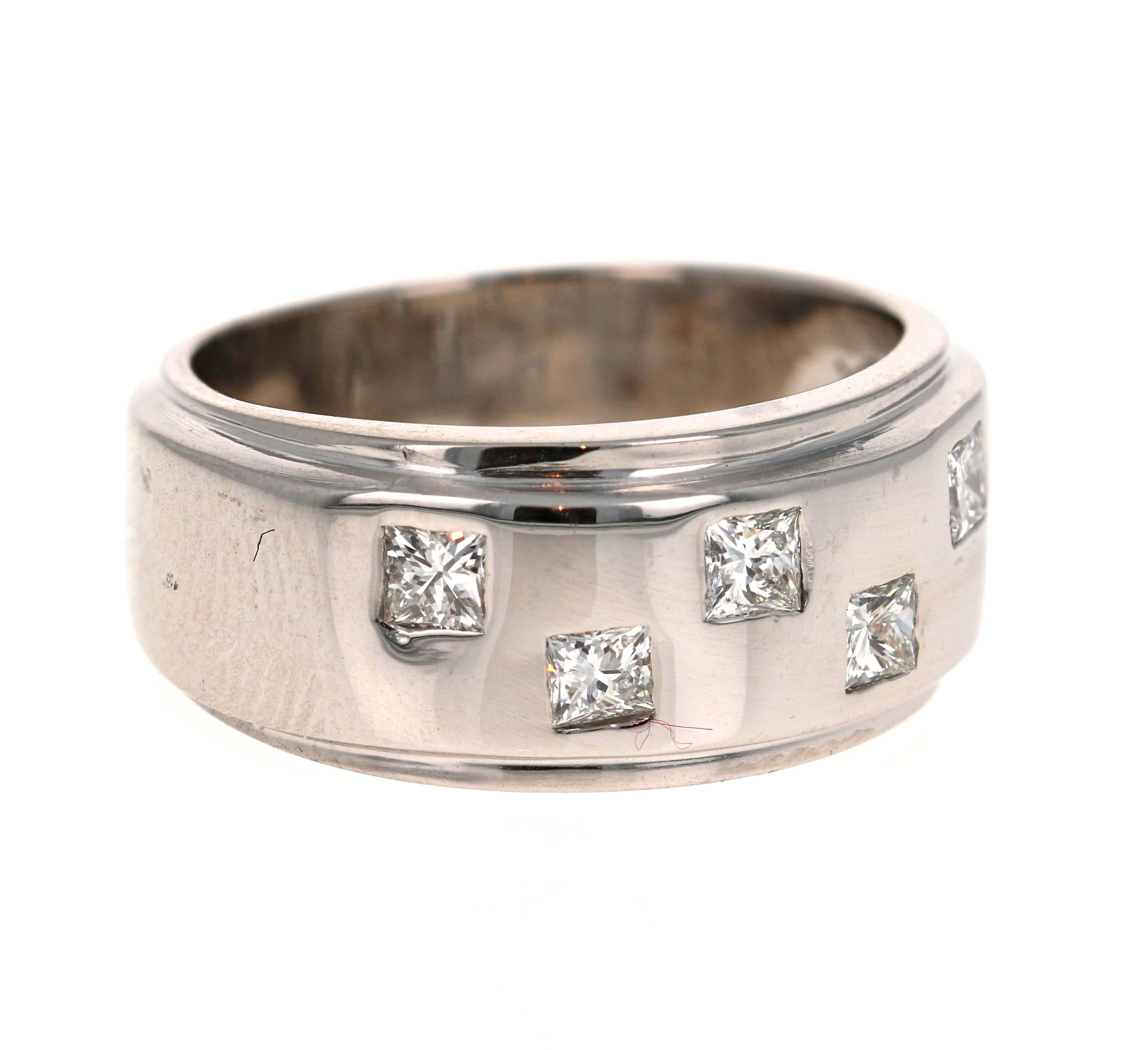 We have a Men's Collection of Fine Jewelry! Beautiful, Bold, Masculine and Simple Men's Wedding Rings/Bands. 

This Men's Band has 6 Princess Cut Diamonds that weigh 0.77 Carats. The total carat weight is 0.77 Carats. The Clarity and Color of the