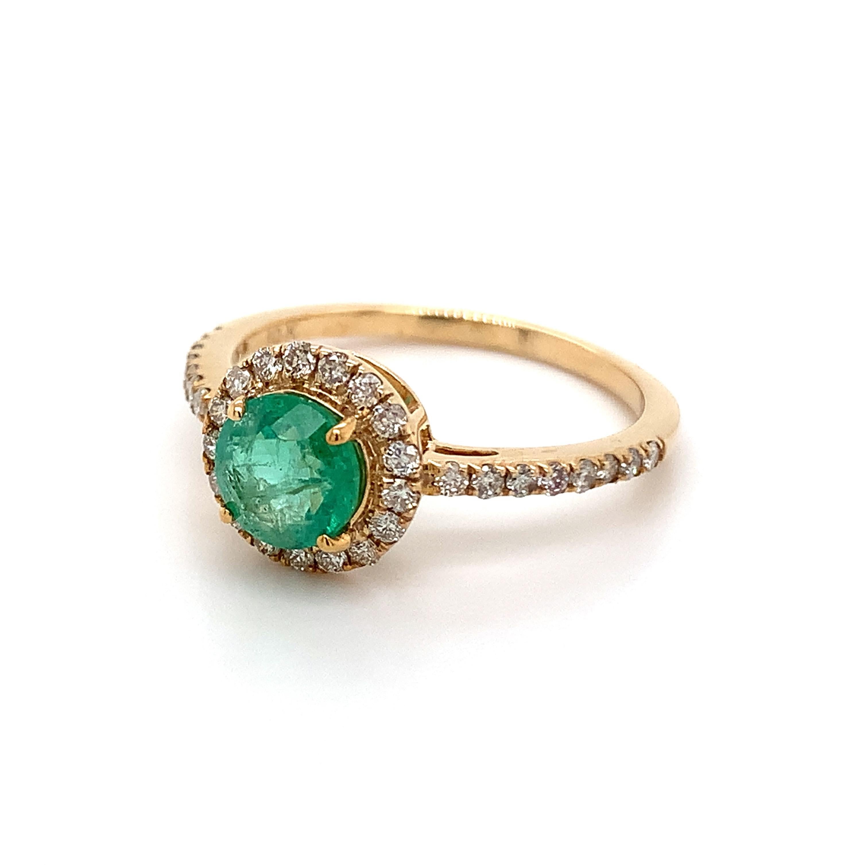 Modern 0.77 Carat Round Emerald Ring with Diamonds in 10k Yellow Gold For Sale