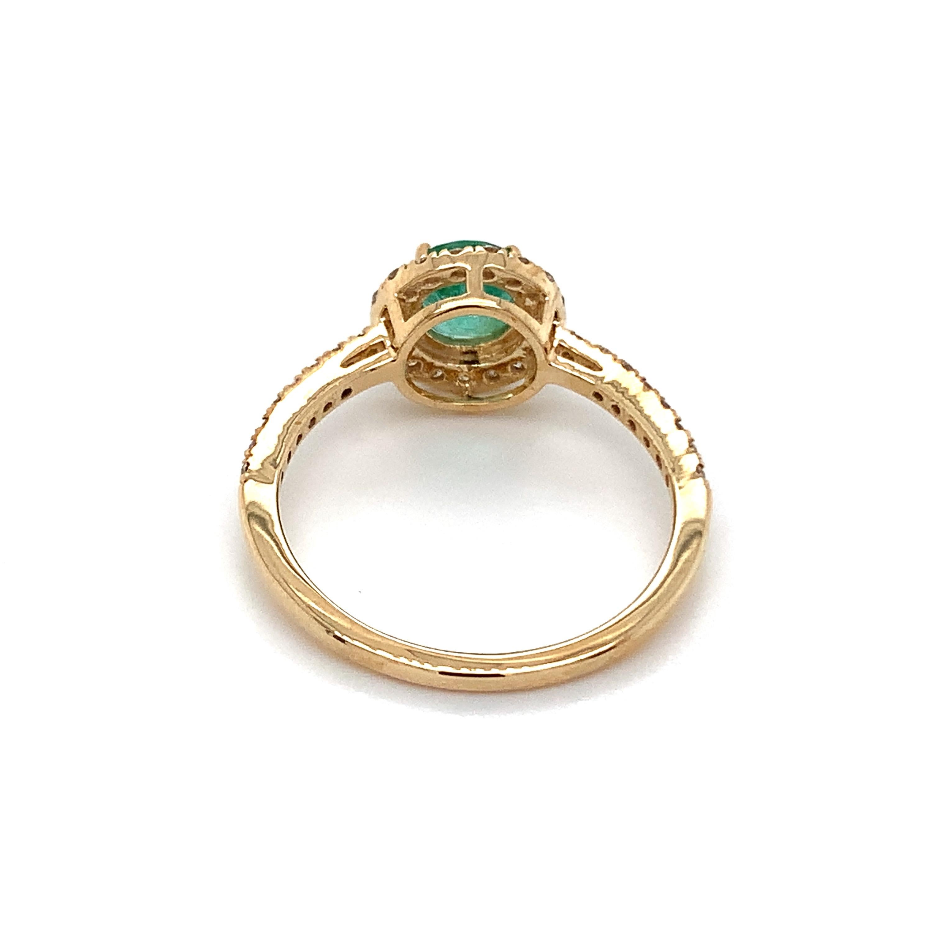 Round Cut 0.77 Carat Round Emerald Ring with Diamonds in 10k Yellow Gold For Sale