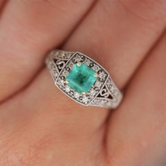 0.77 Carat Square Emerald and Diamond Filigree Halo 14K White Gold Ring