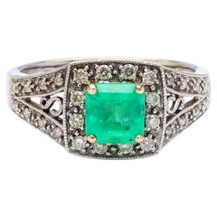 0.77 Carat Square Emerald and Diamond Filigree Halo 14K White Gold Ring