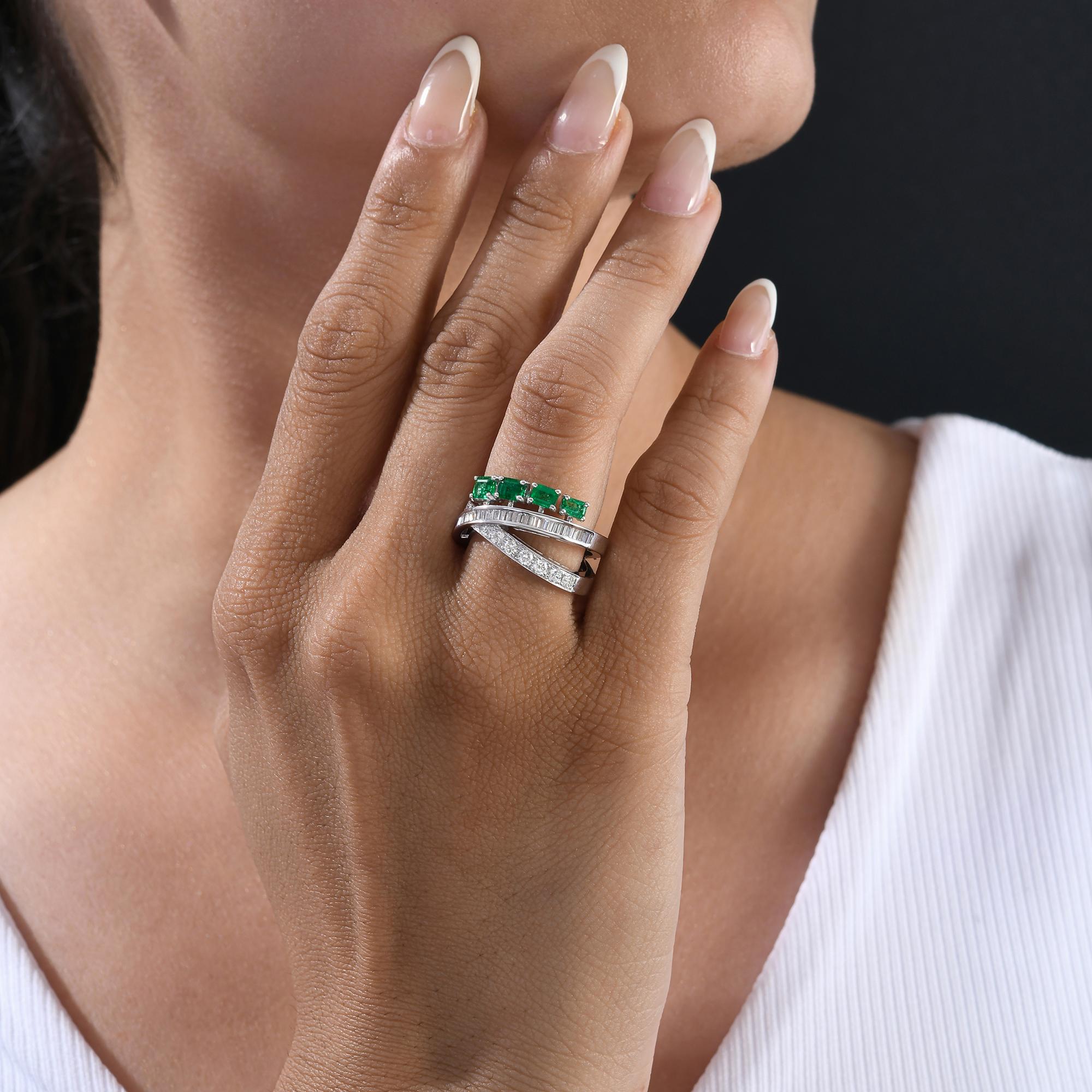 Im Angebot: 0.77 Carat Zambian Emerald 0.78 Ct SI/H Diamond Criss Cross Ring 18k White Gold () 5