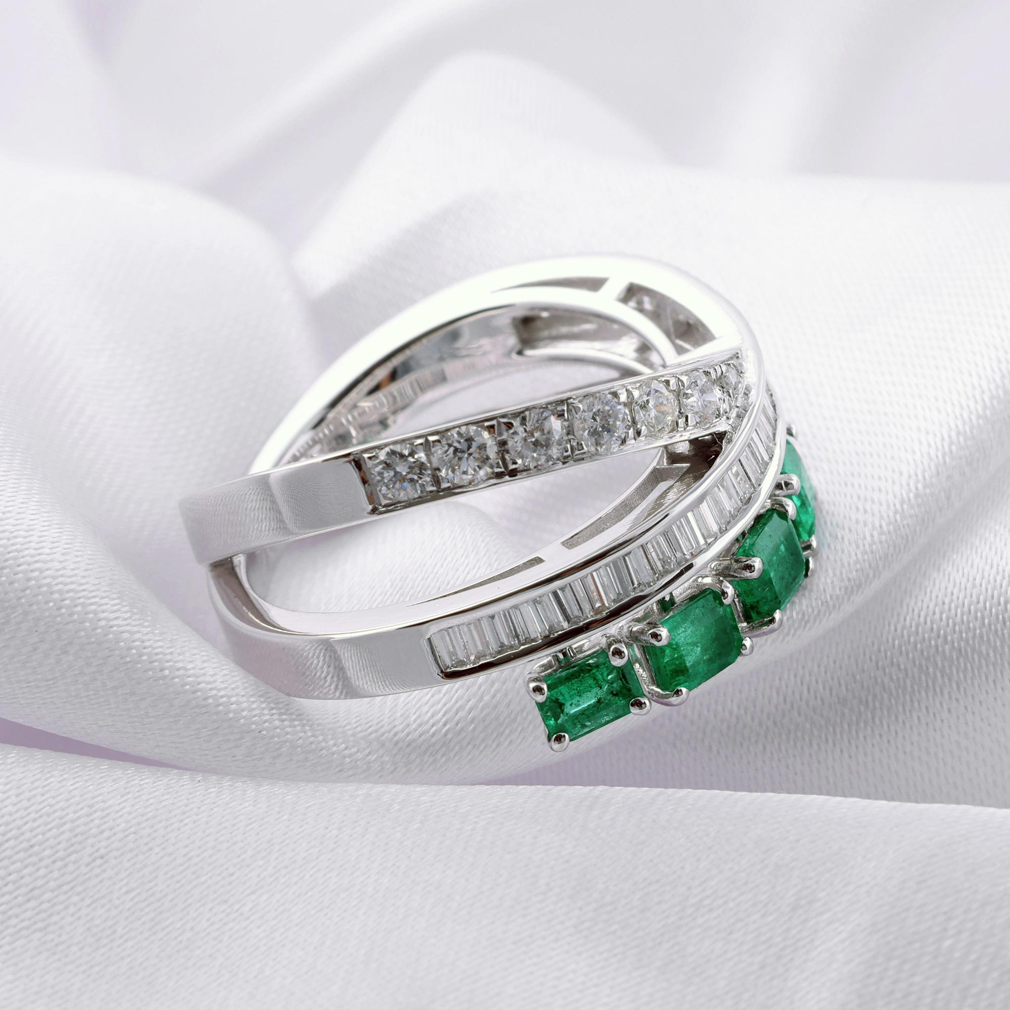 Im Angebot: 0.77 Carat Zambian Emerald 0.78 Ct SI/H Diamond Criss Cross Ring 18k White Gold () 6