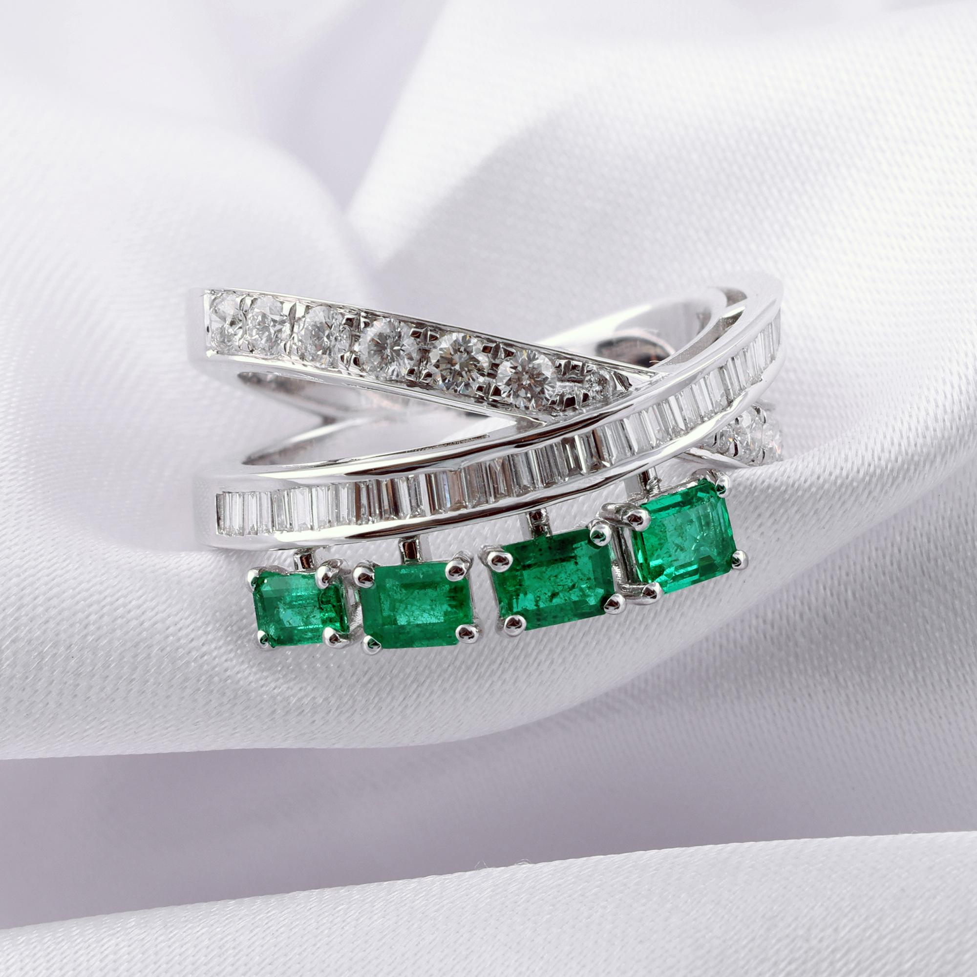 Im Angebot: 0.77 Carat Zambian Emerald 0.78 Ct SI/H Diamond Criss Cross Ring 18k White Gold () 7