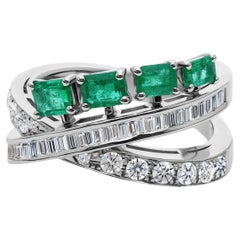0.77 Carat Zambian Emerald 0.78 Ct SI/H Diamond Criss Cross Ring 18k White Gold