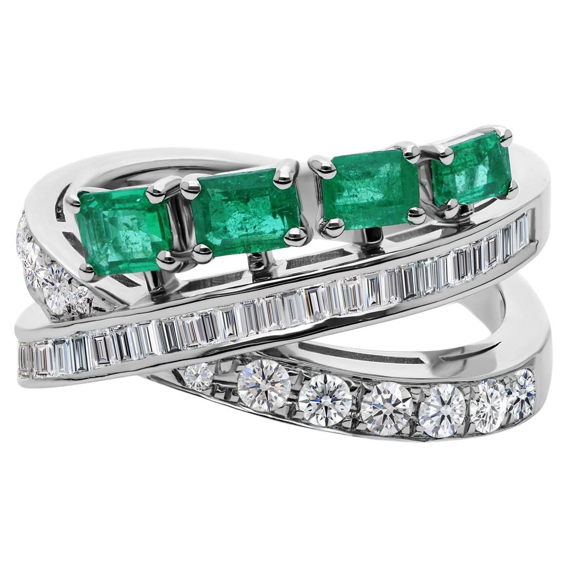 18K White Gold Emerald and Mixed-Cut Diamond Crossover Statement Ring