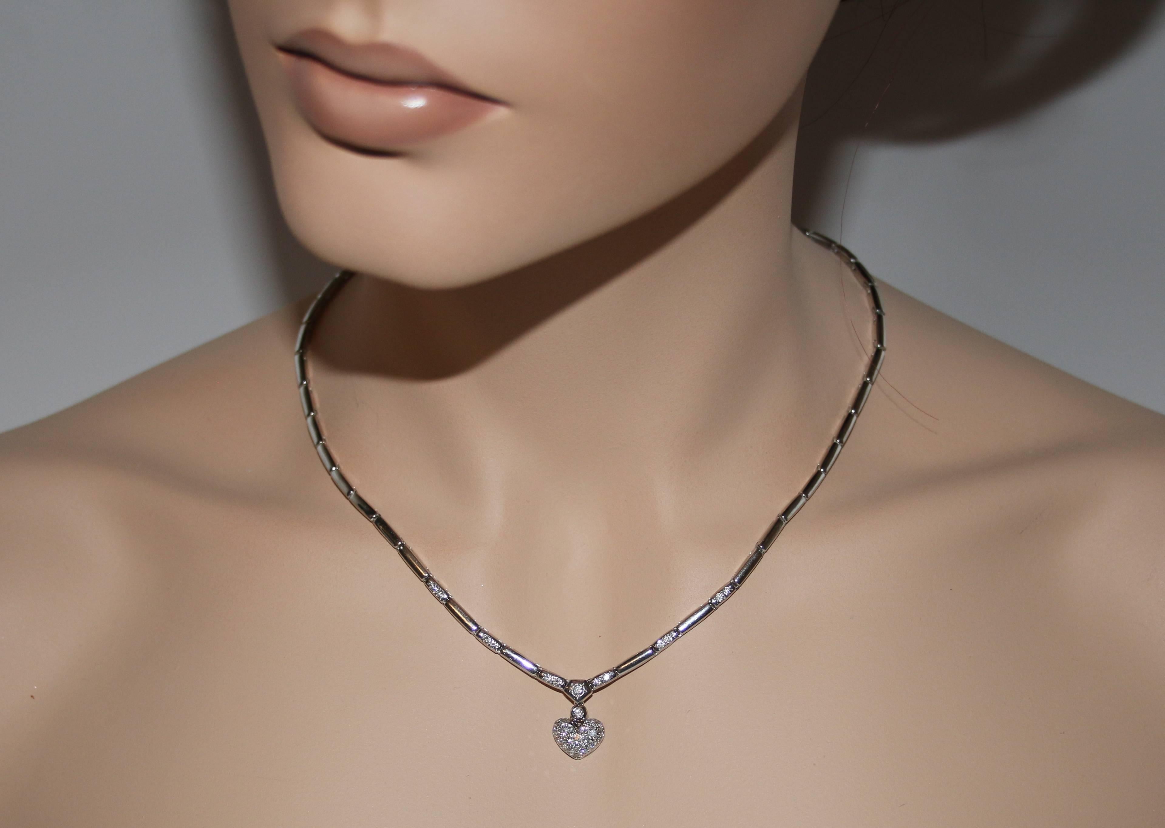 Very Fun Necklace
The necklace is 18K White Gold
There are 0.77 Carat G/H VS Diamonds
The necklace is 17