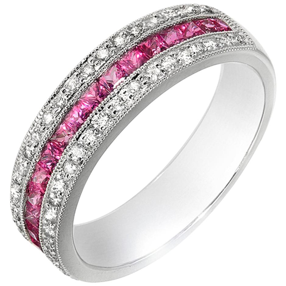 0.77 Carat Pink Sapphire and 0.28 Carat Diamonds 18 Karat Gold Wedding Band Ring