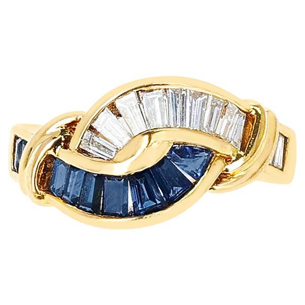 0.77 Ct. Sapphire and 0.59 Ct. Diamond Baguette Double Swerve Ring, 18K