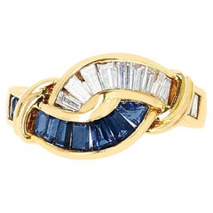 0.77 Ct. Sapphire and 0.59 Ct. Diamond Baguette Double Swerve Ring, 18K