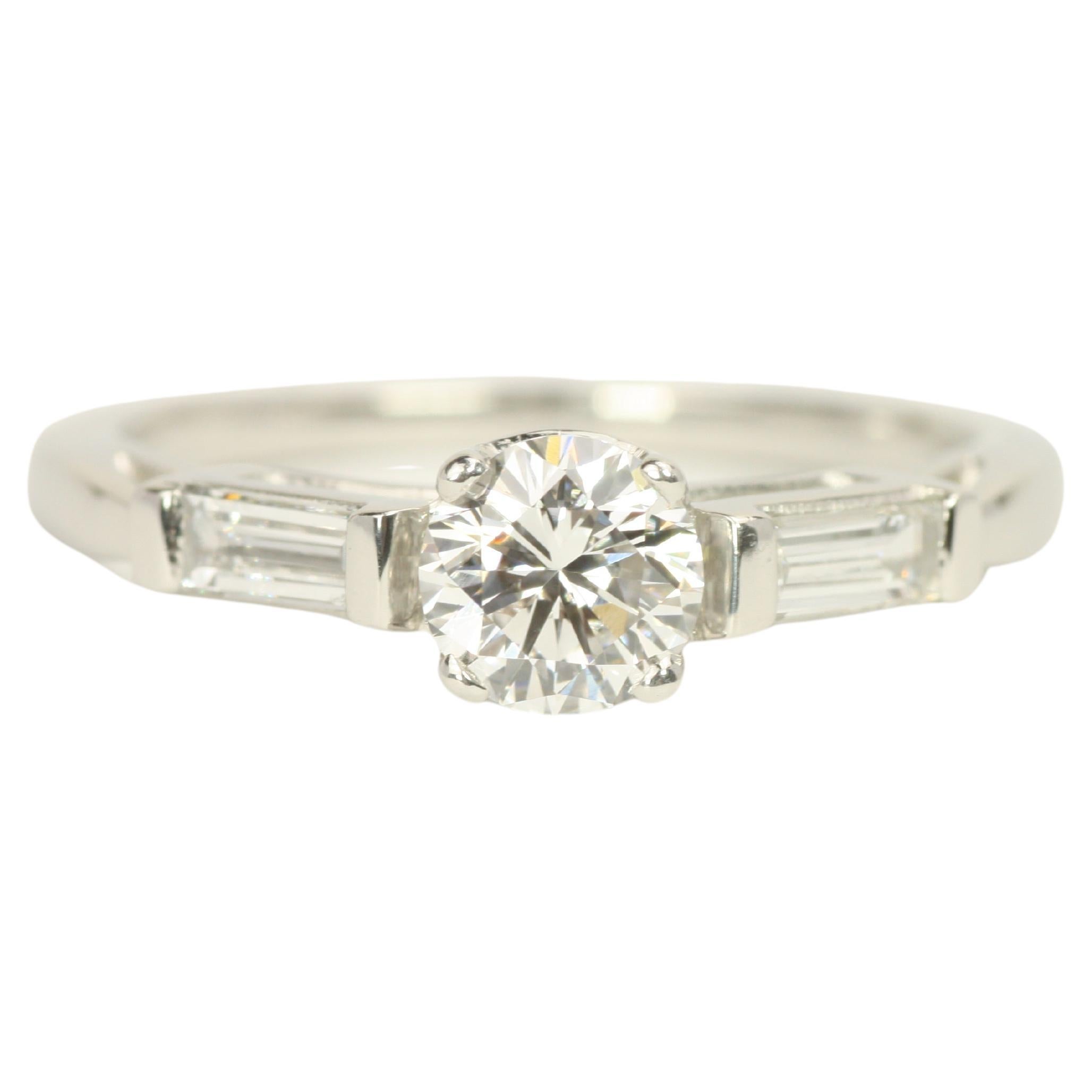 0.77 Total Carat Round & Baguette Diamond Platinum 3-Stone Engagement Ring