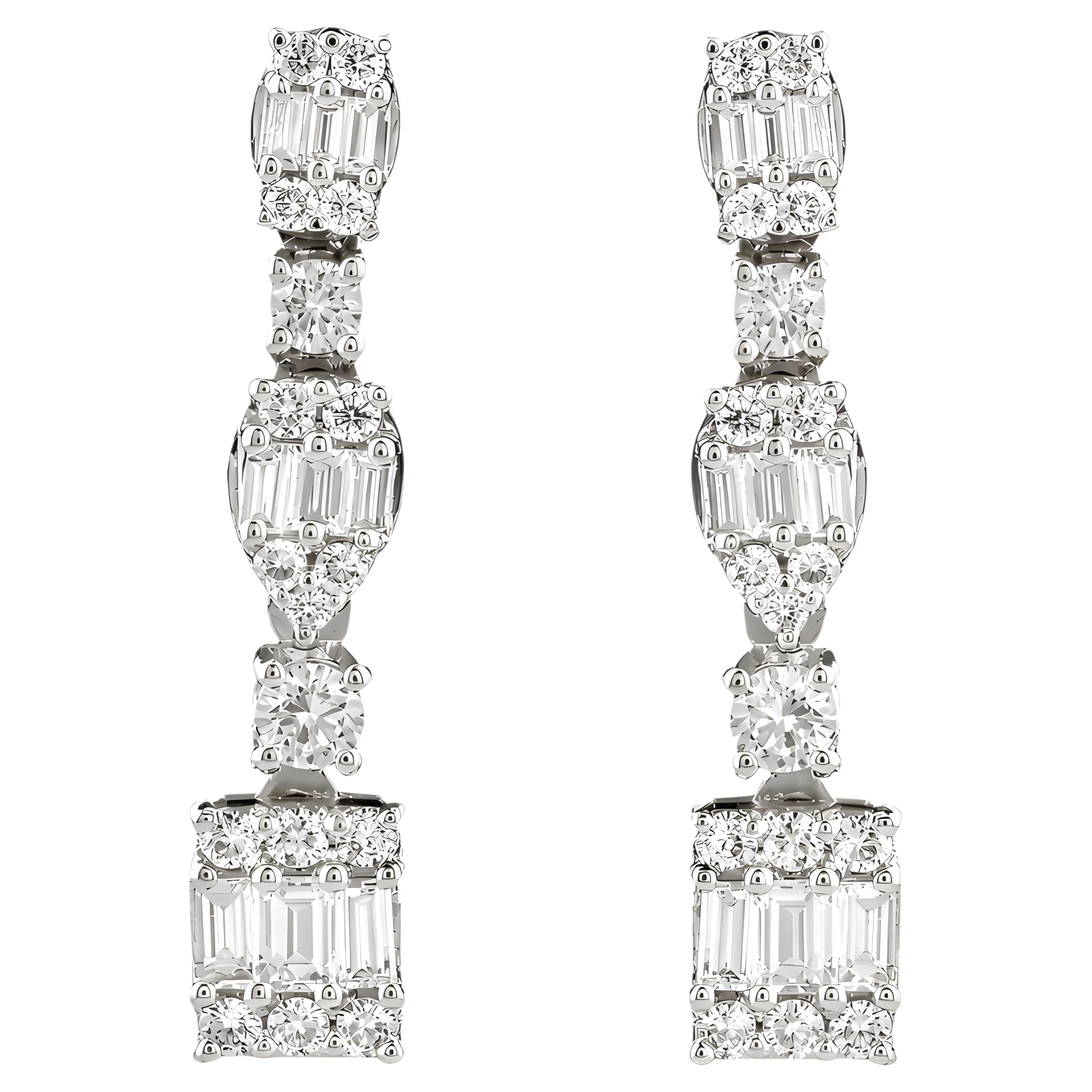 0.77 Carat Baguette and Round Natural Diamond Drop Earrings in 18K White Gold