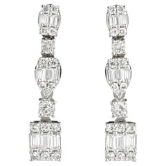 0.77 Carat Baguette and Round Natural Diamond Drop Earrings in 18K White Gold