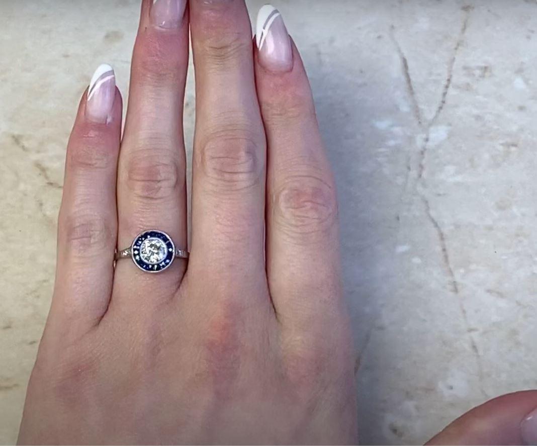 0.77ct Old European Cut Diamond Engagement Ring, Sapphire Halo, Platinum For Sale 5