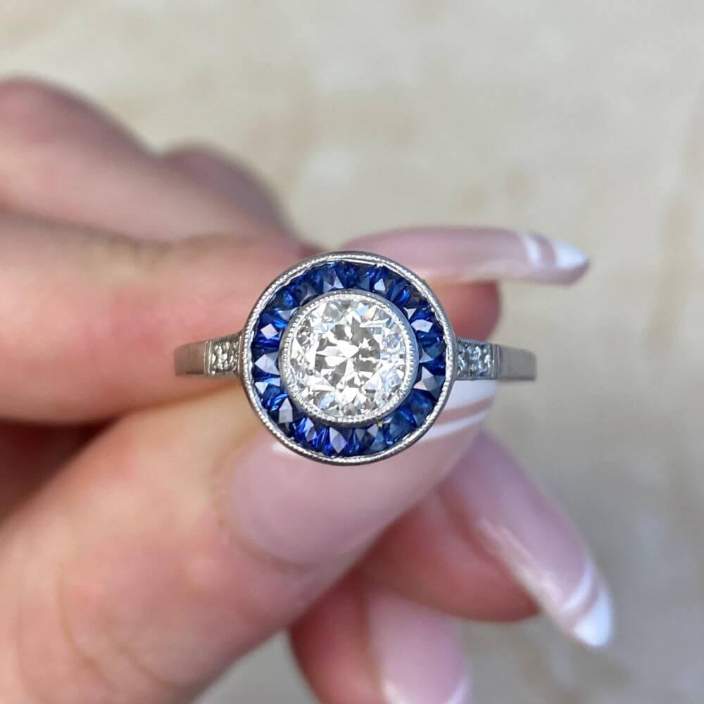 0.77ct Old European Cut Diamond Engagement Ring, Sapphire Halo, Platinum For Sale 6