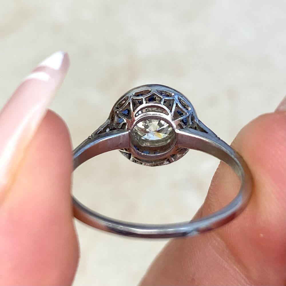 0.77ct Old European Cut Diamond Engagement Ring, Sapphire Halo, Platinum For Sale 7