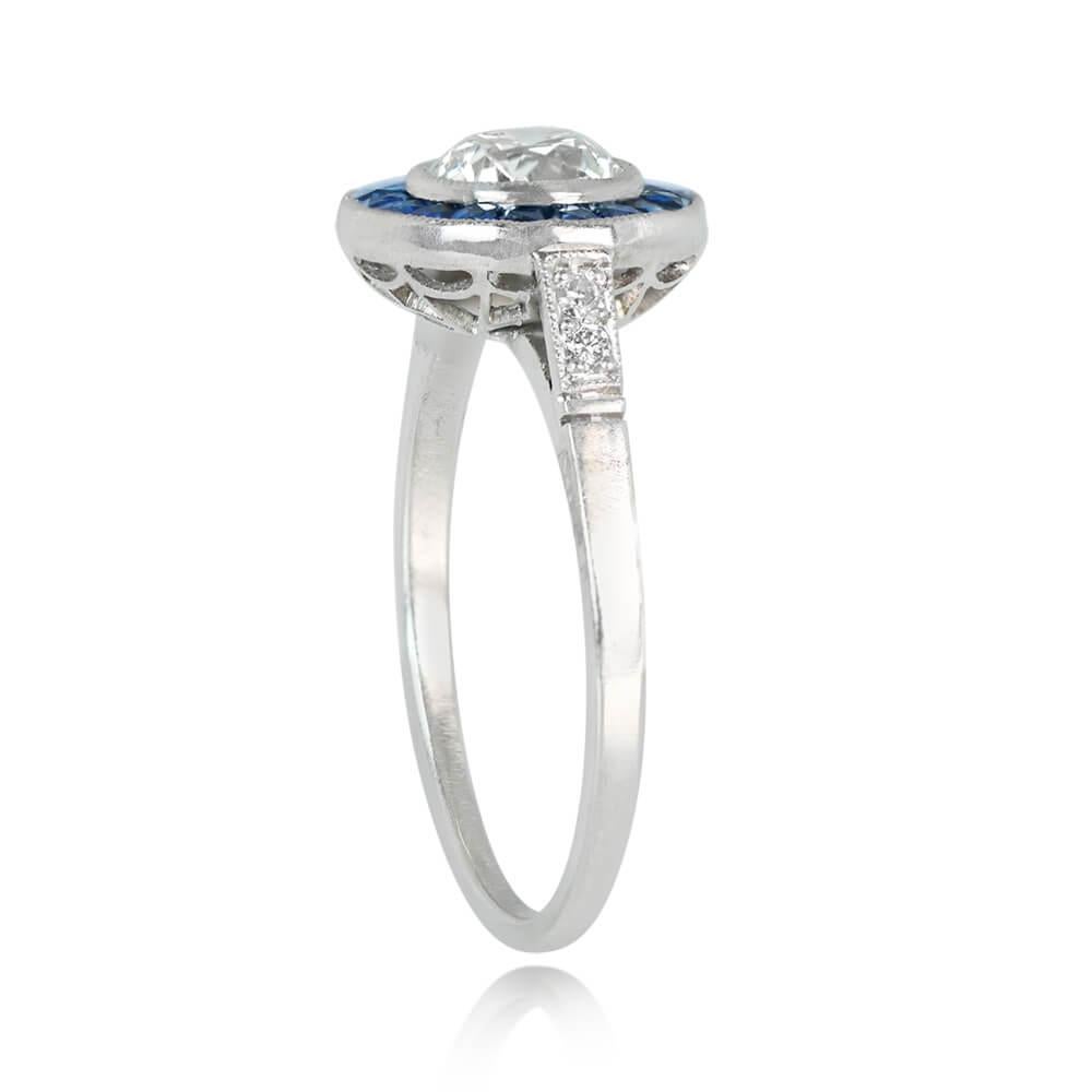 0.77ct Old European Cut Diamond Engagement Ring, Sapphire Halo, Platinum In Excellent Condition For Sale In New York, NY