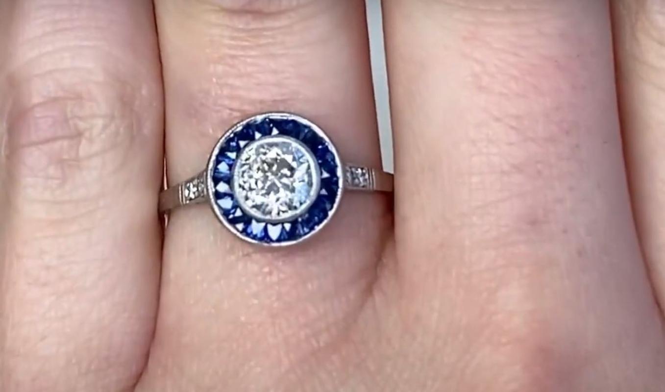 Women's 0.77ct Old European Cut Diamond Engagement Ring, Sapphire Halo, Platinum For Sale