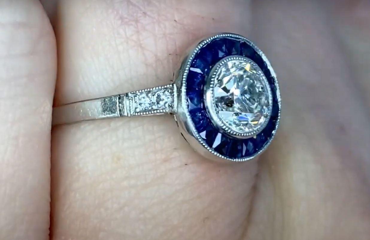 0.77ct Old European Cut Diamond Engagement Ring, Sapphire Halo, Platinum For Sale 1