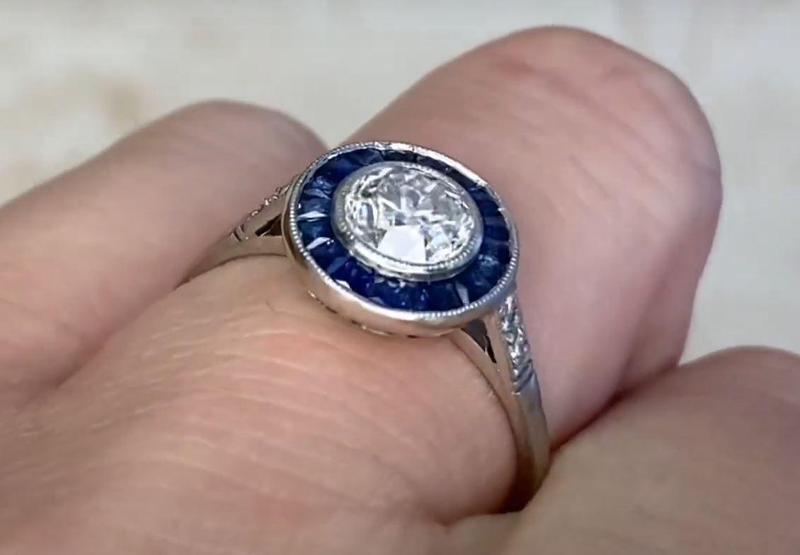 0.77ct Old European Cut Diamond Engagement Ring, Sapphire Halo, Platinum For Sale 2