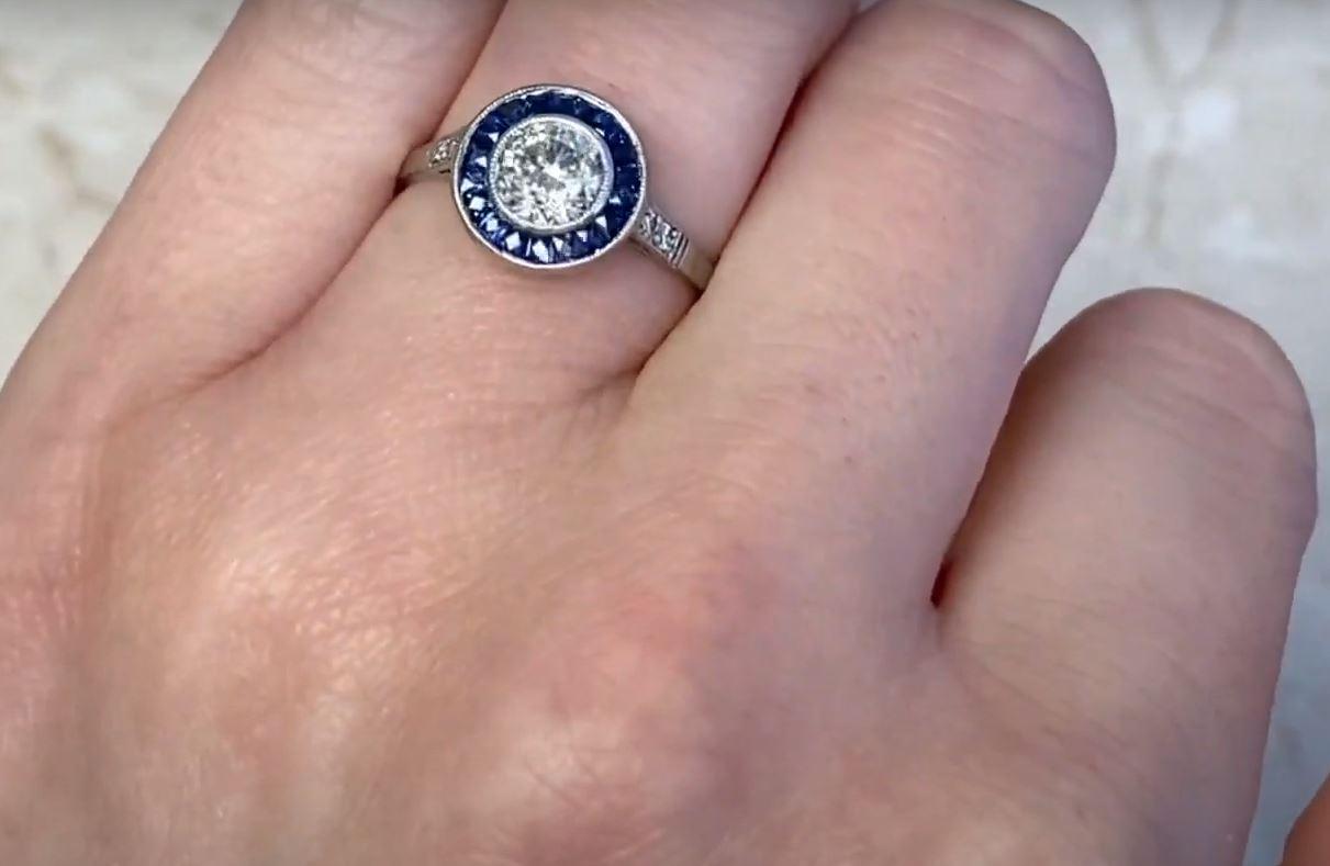 0.77ct Old European Cut Diamond Engagement Ring, Sapphire Halo, Platinum For Sale 4