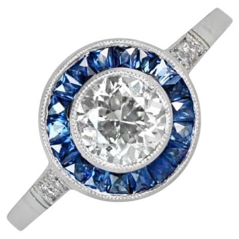 0.77ct Old European Cut Diamond Engagement Ring, Sapphire Halo, Platinum For Sale
