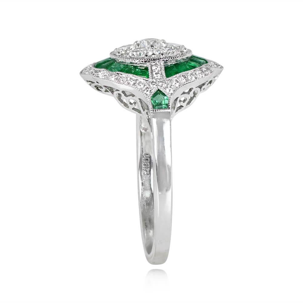 Art Deco 0.77ct Round Brilliant Cut Diamond Cluster Ring, Diamond&Emerald Halo, Platinum For Sale