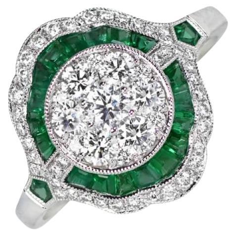 0.77ct Round Brilliant Cut Diamond Cluster Ring, Diamond&Emerald Halo, Platinum For Sale