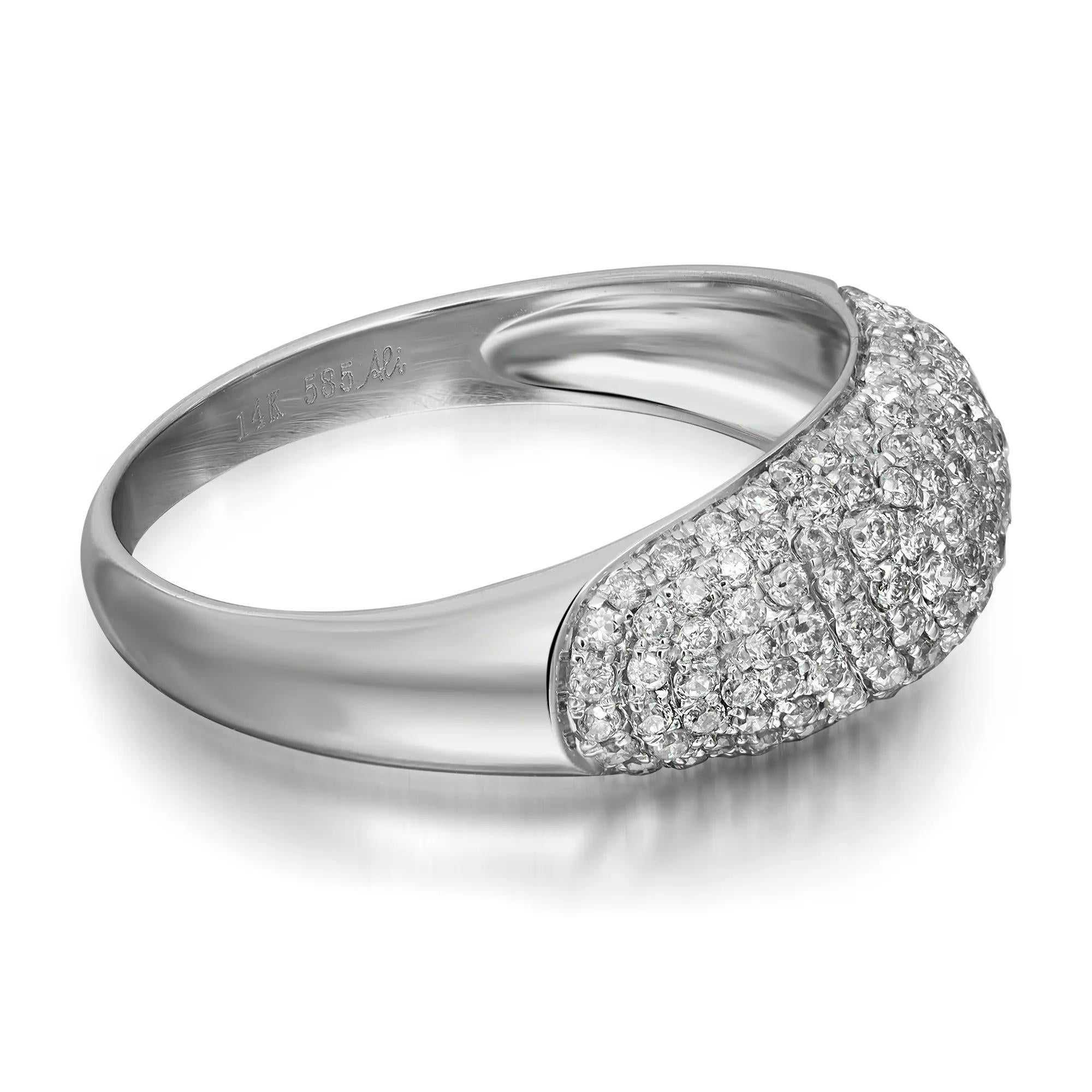 This ring features round brilliant cut diamonds encrusted in pave setting. Crafted in 14k white gold. Total diamond weight: 0.77 carat. Diamond quality: I color and SI1 clarity. Weight: 2.92 grams. Ring size 8. Comes in a presentable gift box.