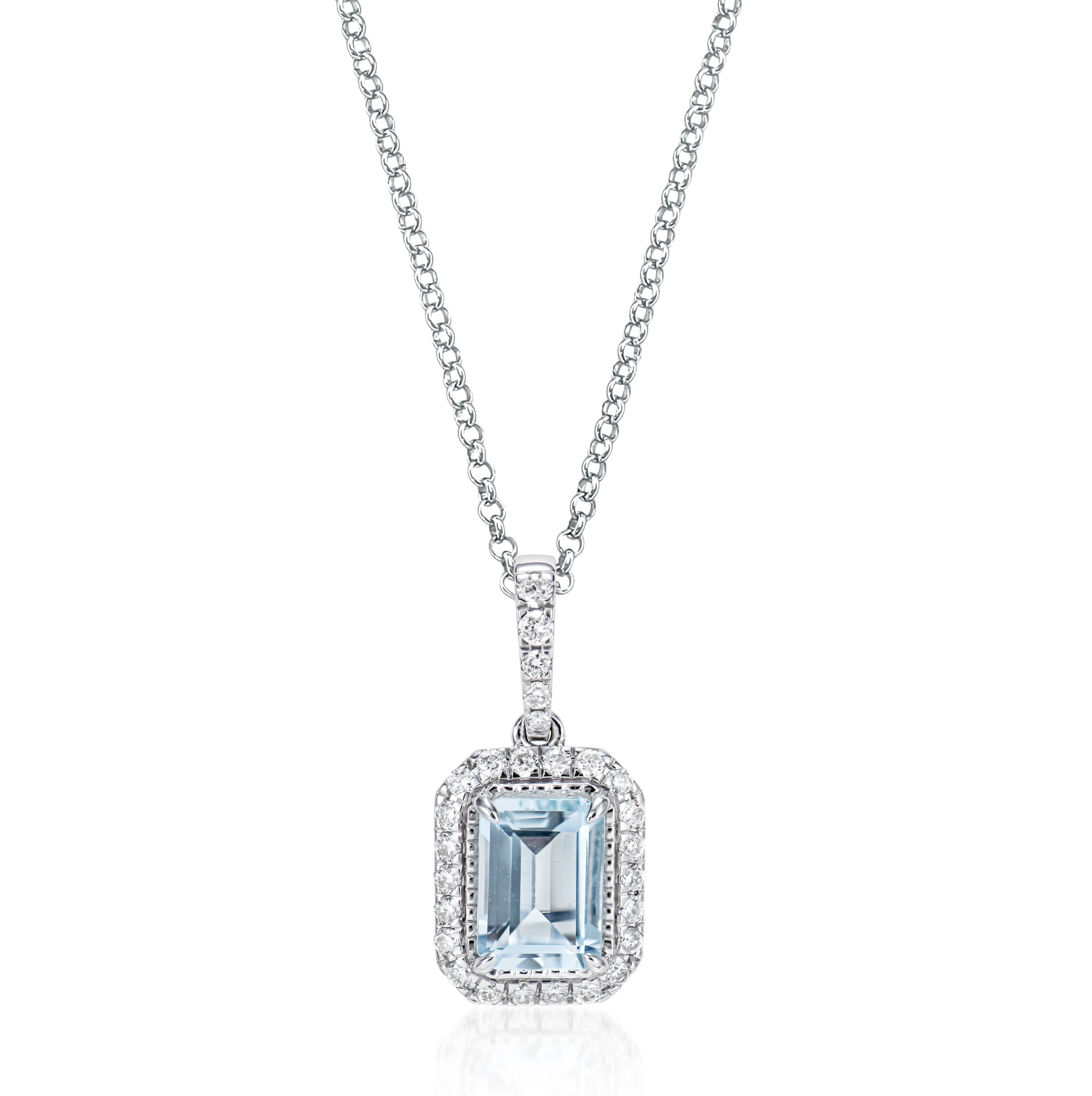 This collection features an array of aquamarines with an icy blue hue that is as cool as it gets! Accented with White Diamonds these Pendant are made in white gold and present a classic yet elegant look. 

Aquamarine Pendant in 14Karat White Gold