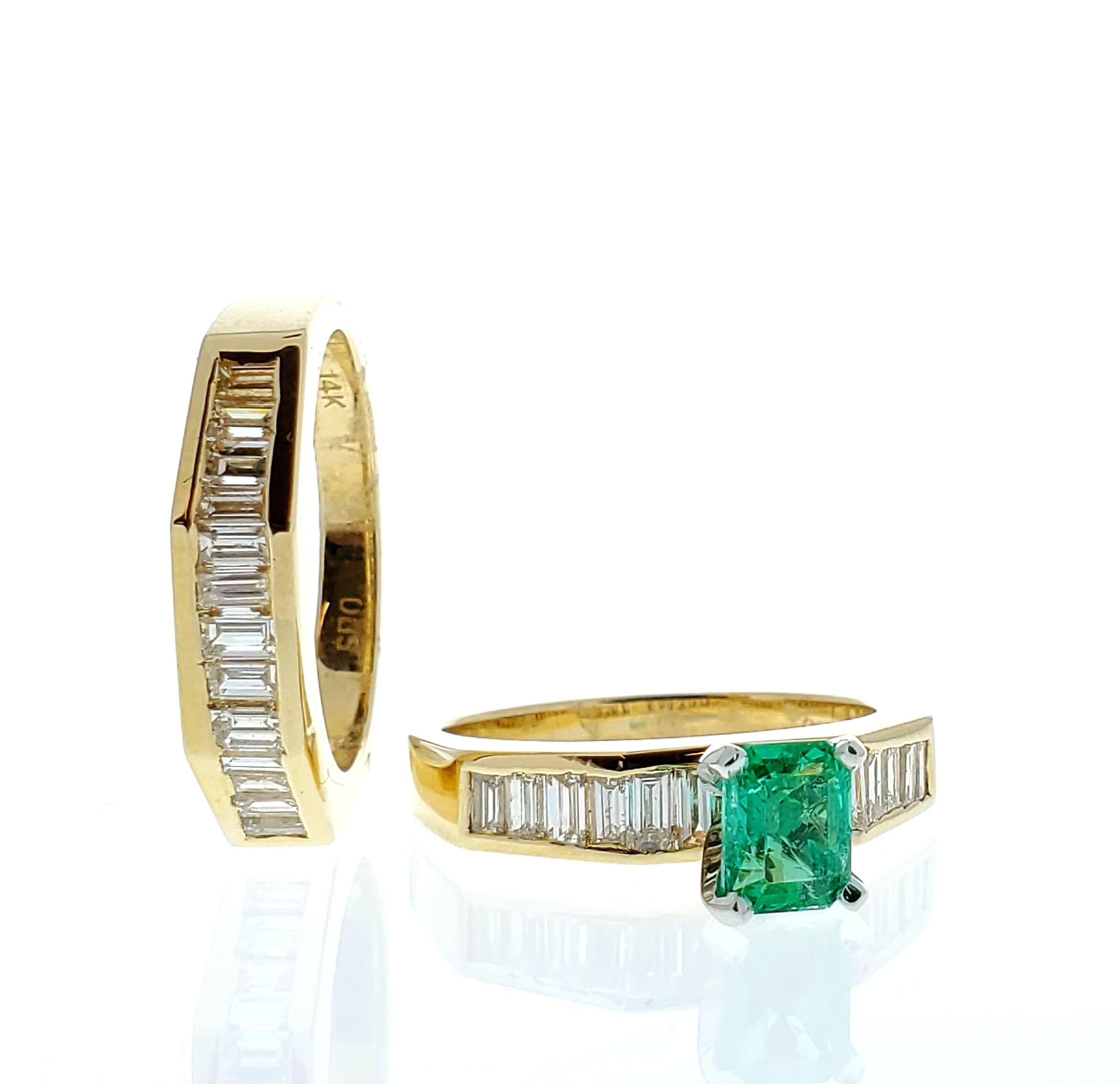 Make the most of your next momentous occasion with this spectacular Colombian emerald and diamond ring set. Finely crafted in brightly polished 14 karat yellow gold. A hand-selected green emerald is prong set in the center with measurements of  6.06