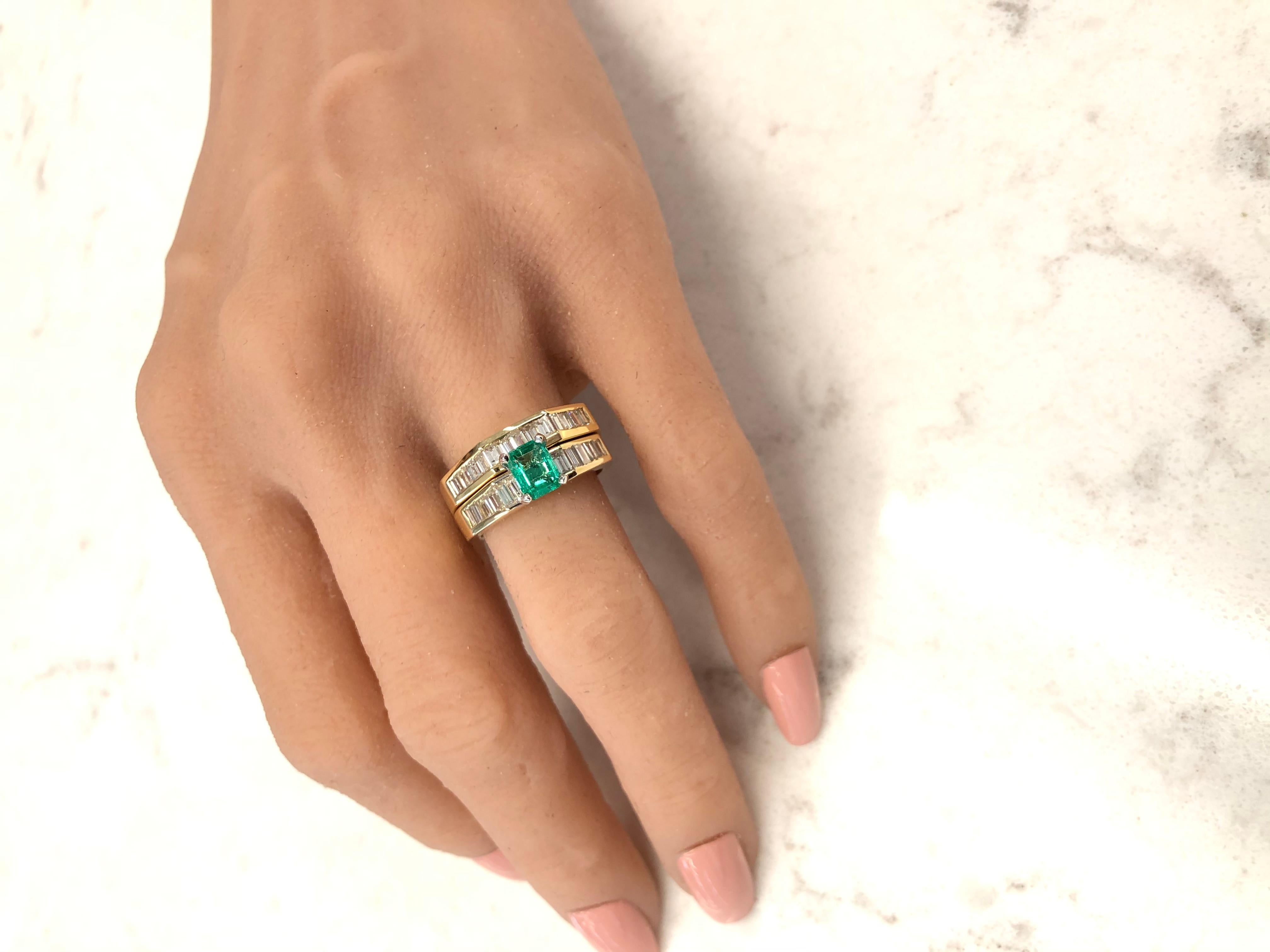 Emerald Cut 0.78 Carat Colombina Emerald and Diamond Ring Set in 14 Karat Yellow Gold