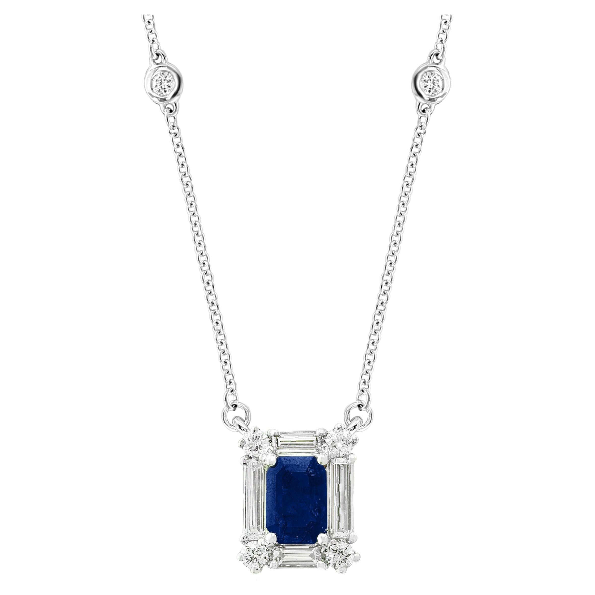 0.78 Carat Emerald Cut Sapphire and Diamond Pendant Necklace in 14K White Gold