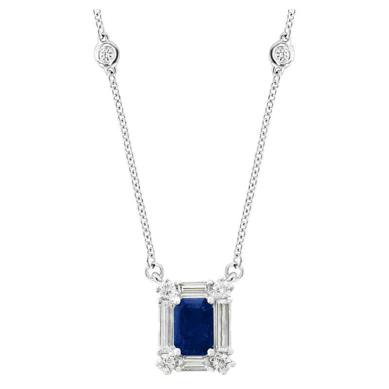 0.78 Carat Emerald Cut Sapphire and Diamond Pendant Necklace in 14K ...