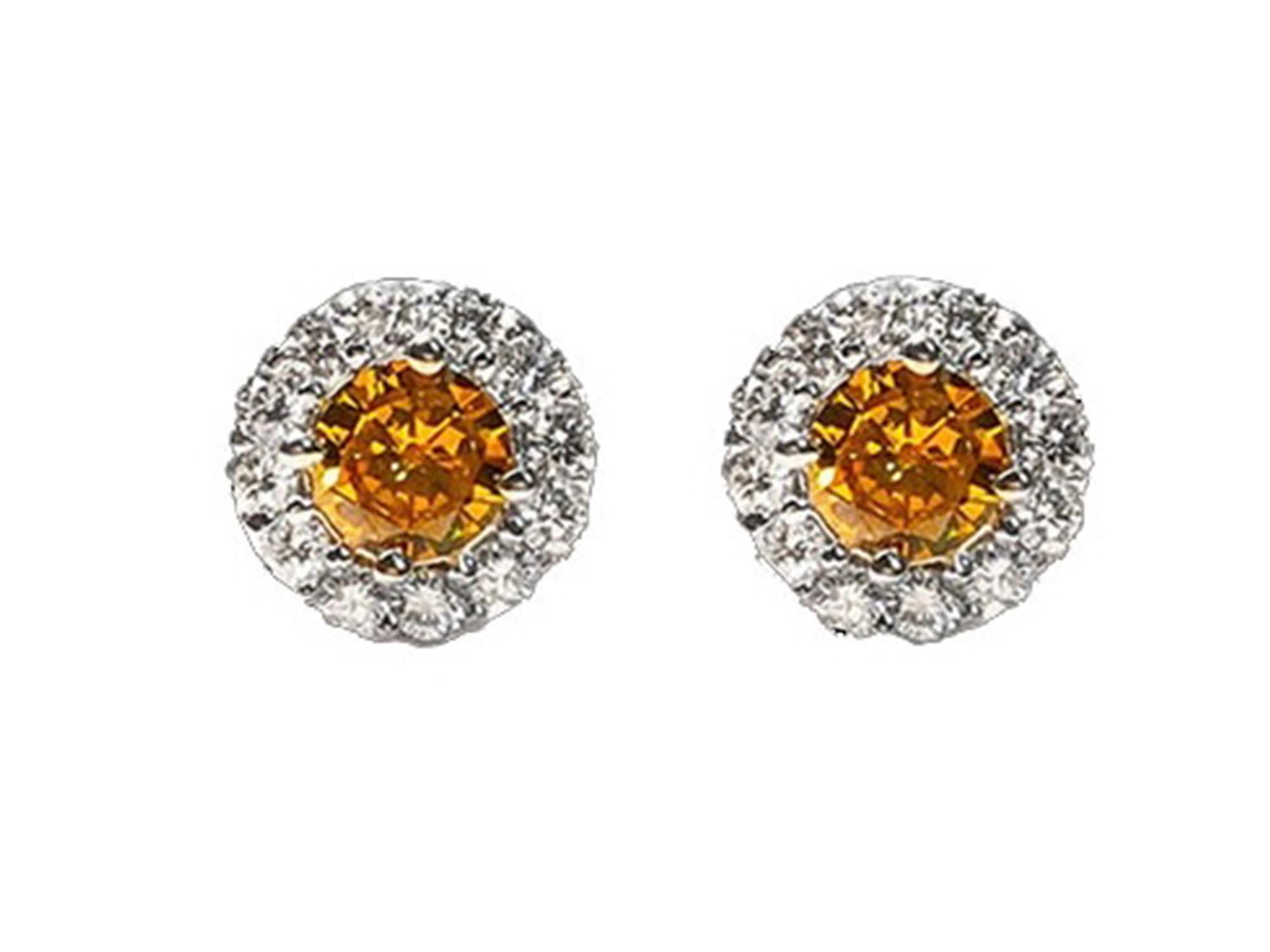 Round Cut 1.30 Carat Fancy Brownish Orangy Yellow & White Diamond Stud Earrings, 18K Gold. For Sale