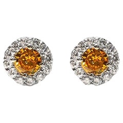 1.30 Carat Fancy Brownish Orangy Yellow & White Diamond Stud Earrings, 18K Gold.