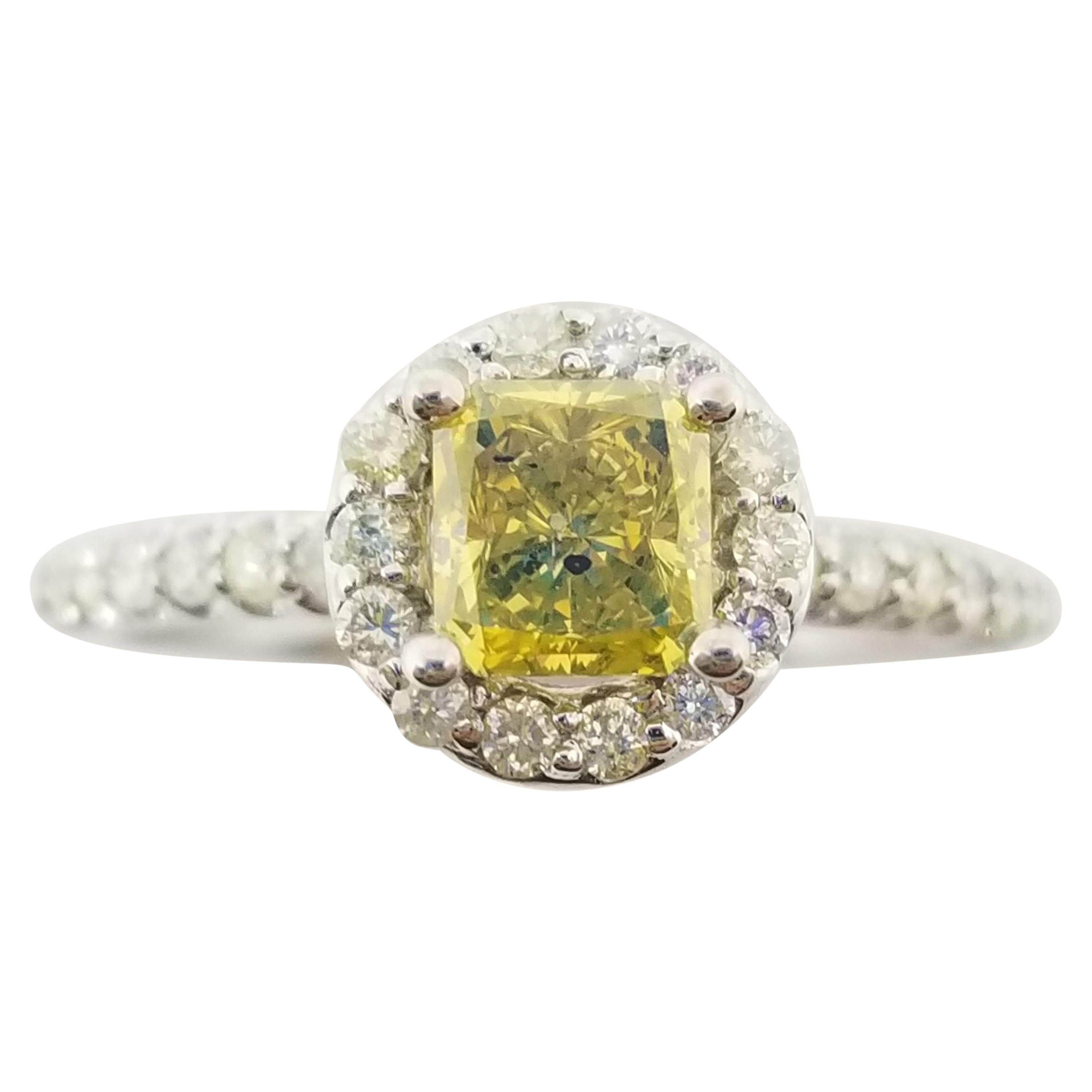 GIA 0.78 Carat Fancy Vivid Yellow Radiant Diamond Ring 14K White Gold For Sale