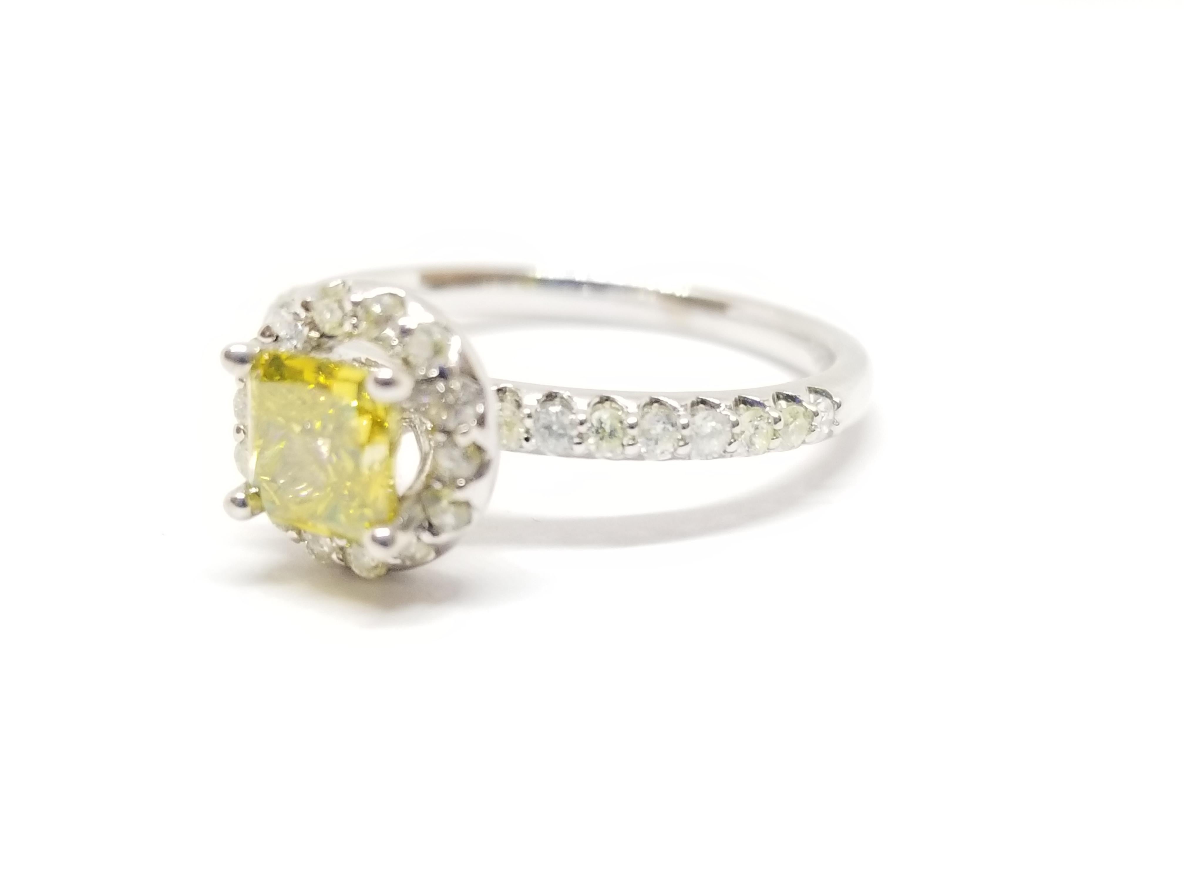 Radiant Cut GIA 0.78 Carat Fancy Vivid Yellow Radiant Diamond Ring 14K White Gold For Sale