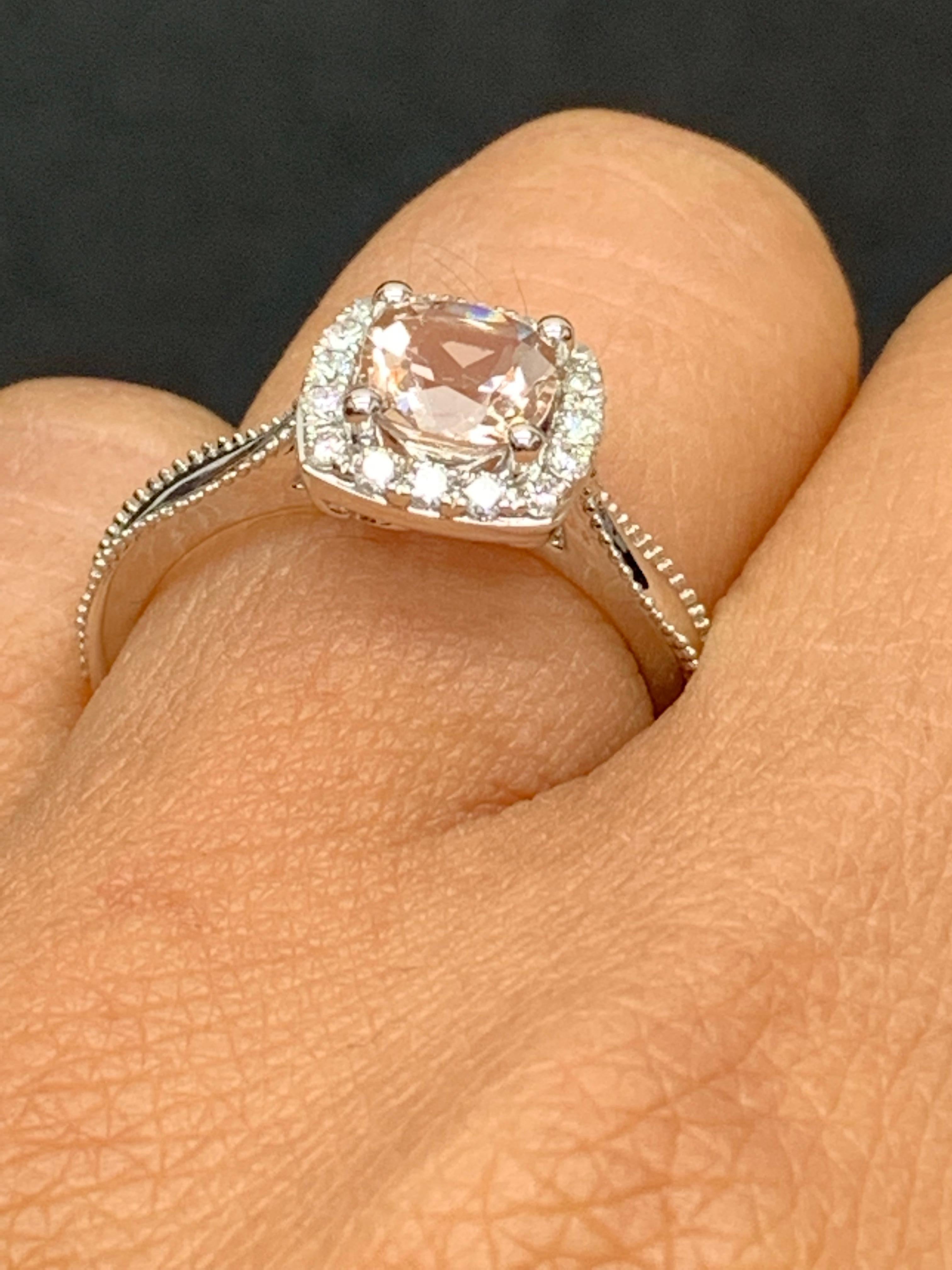 0.78 Carat Morganite Halo Diamond 14K White Gold Ring For Sale 4