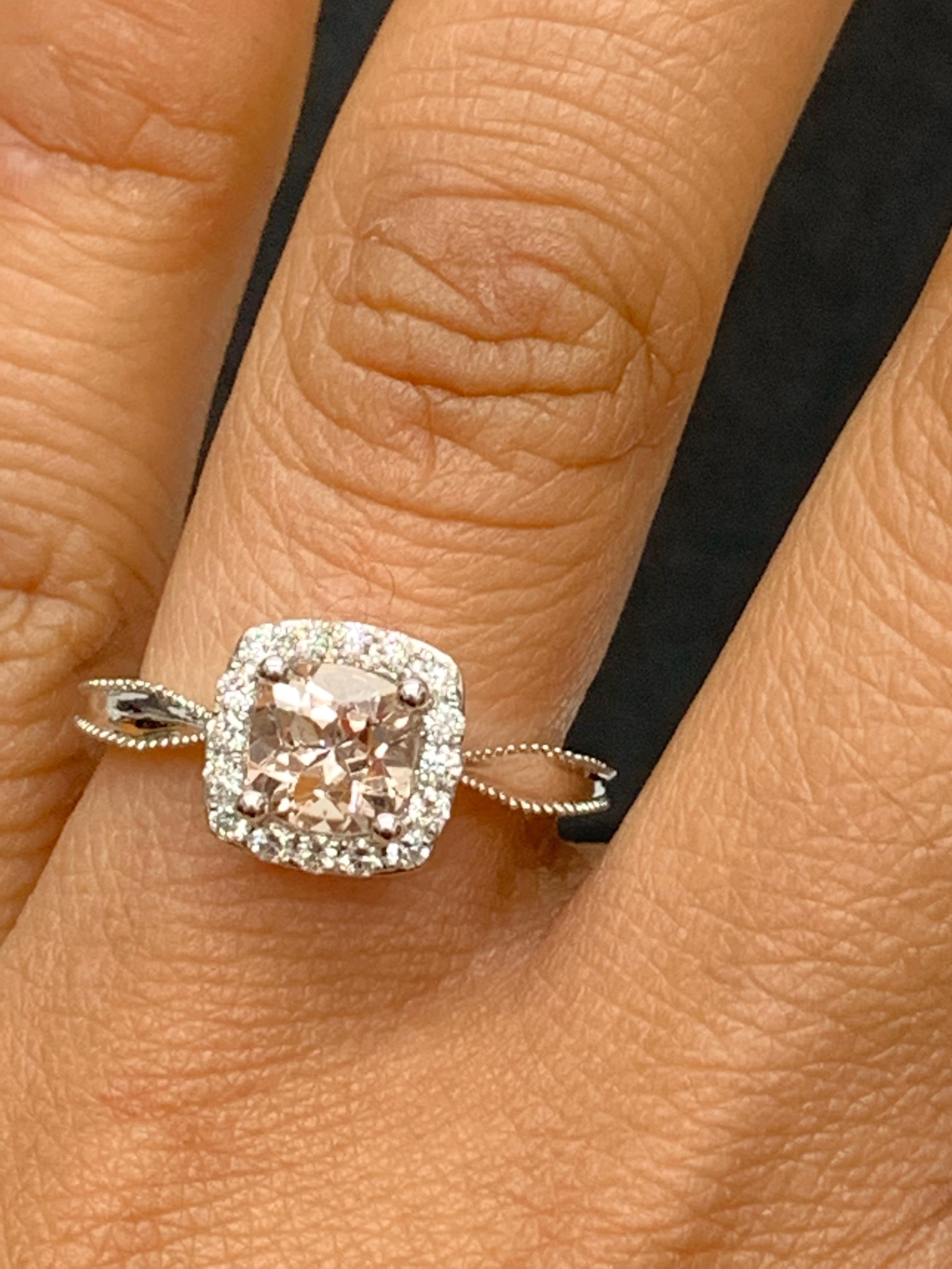 0.78 Carat Morganite Halo Diamond 14K White Gold Ring For Sale 5