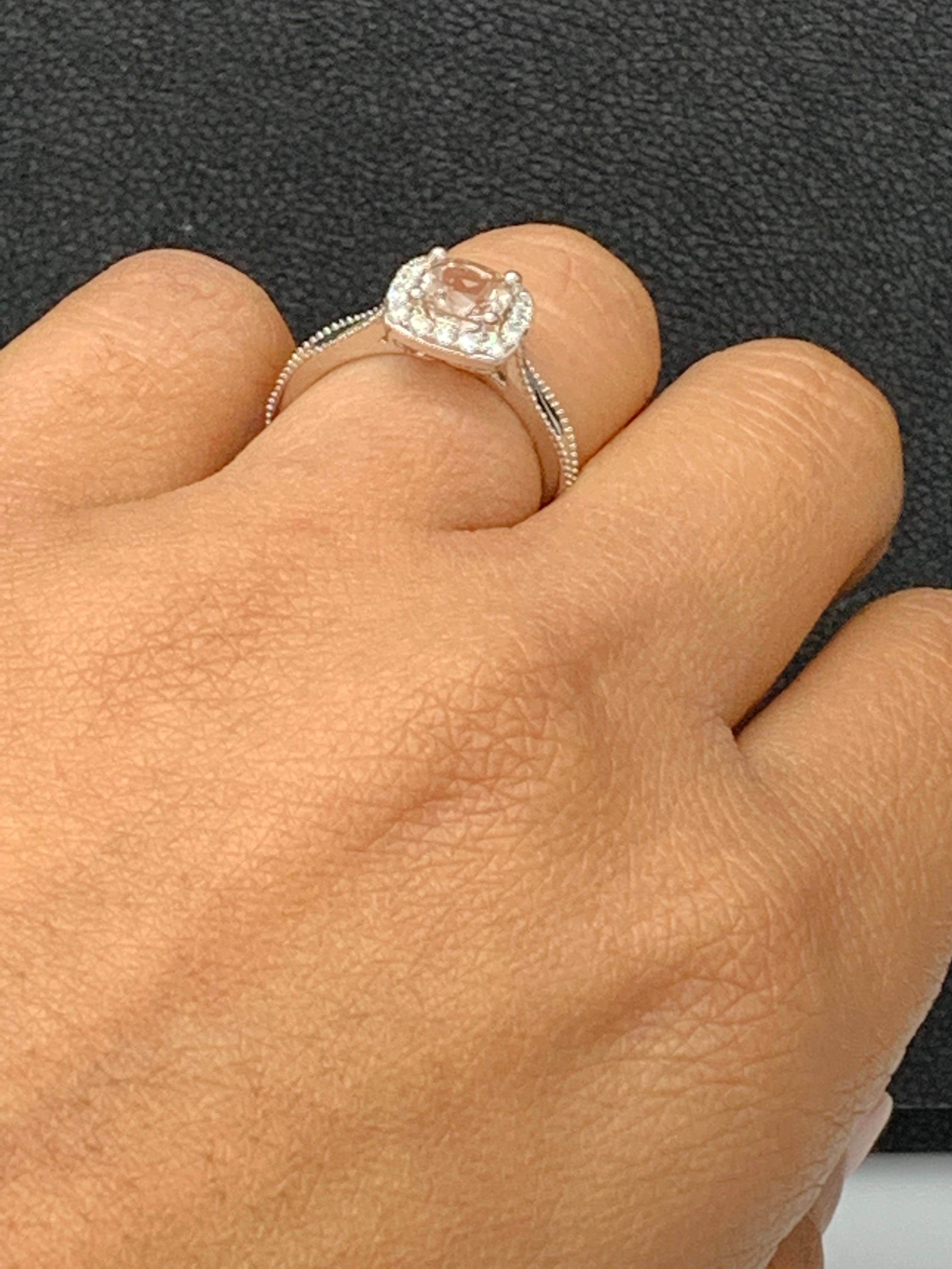 Cushion Cut 0.78 Carat Morganite Halo Diamond 14K White Gold Ring For Sale