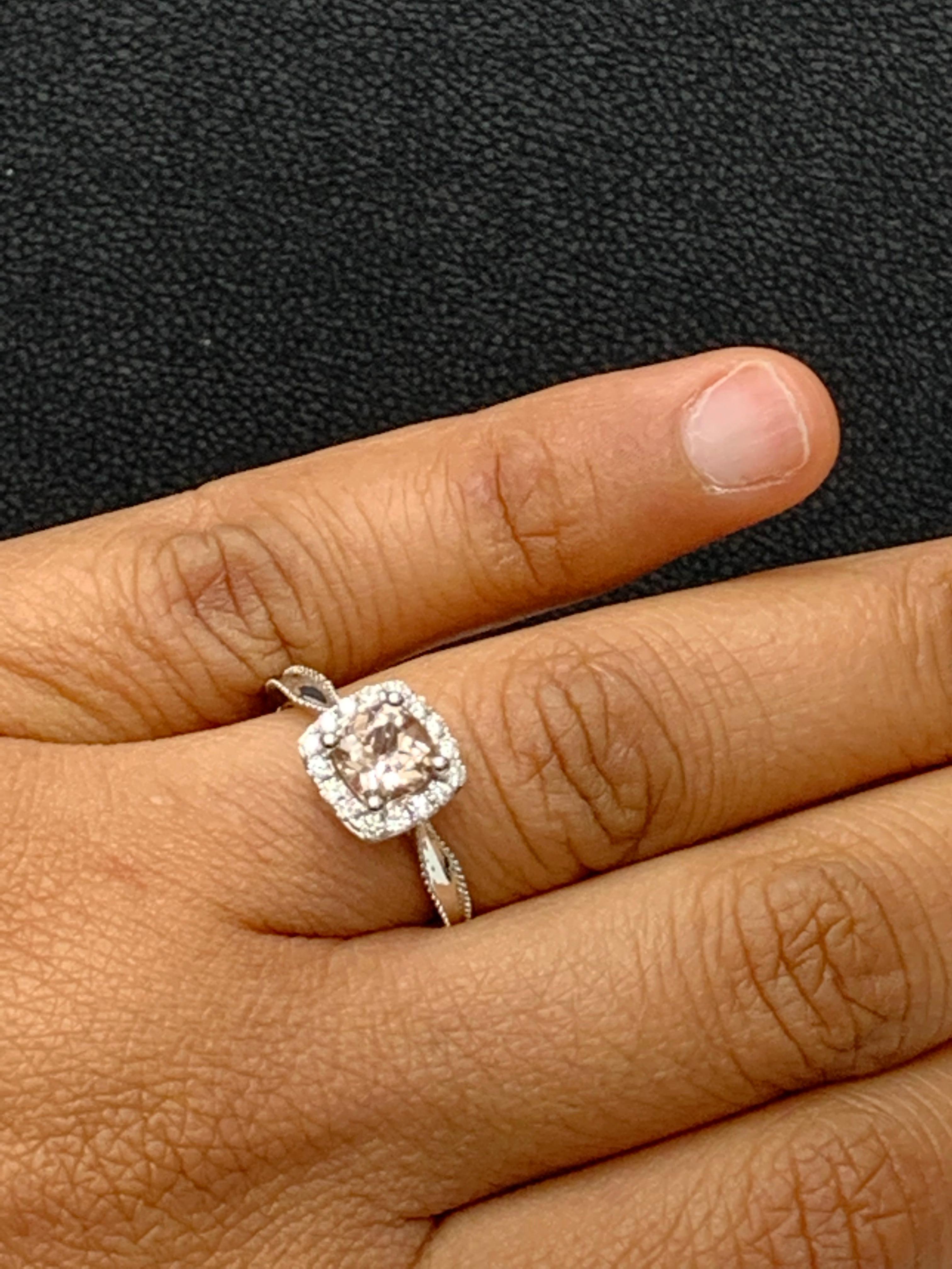 0.78 Carat Morganite Halo Diamond 14K White Gold Ring In New Condition For Sale In NEW YORK, NY