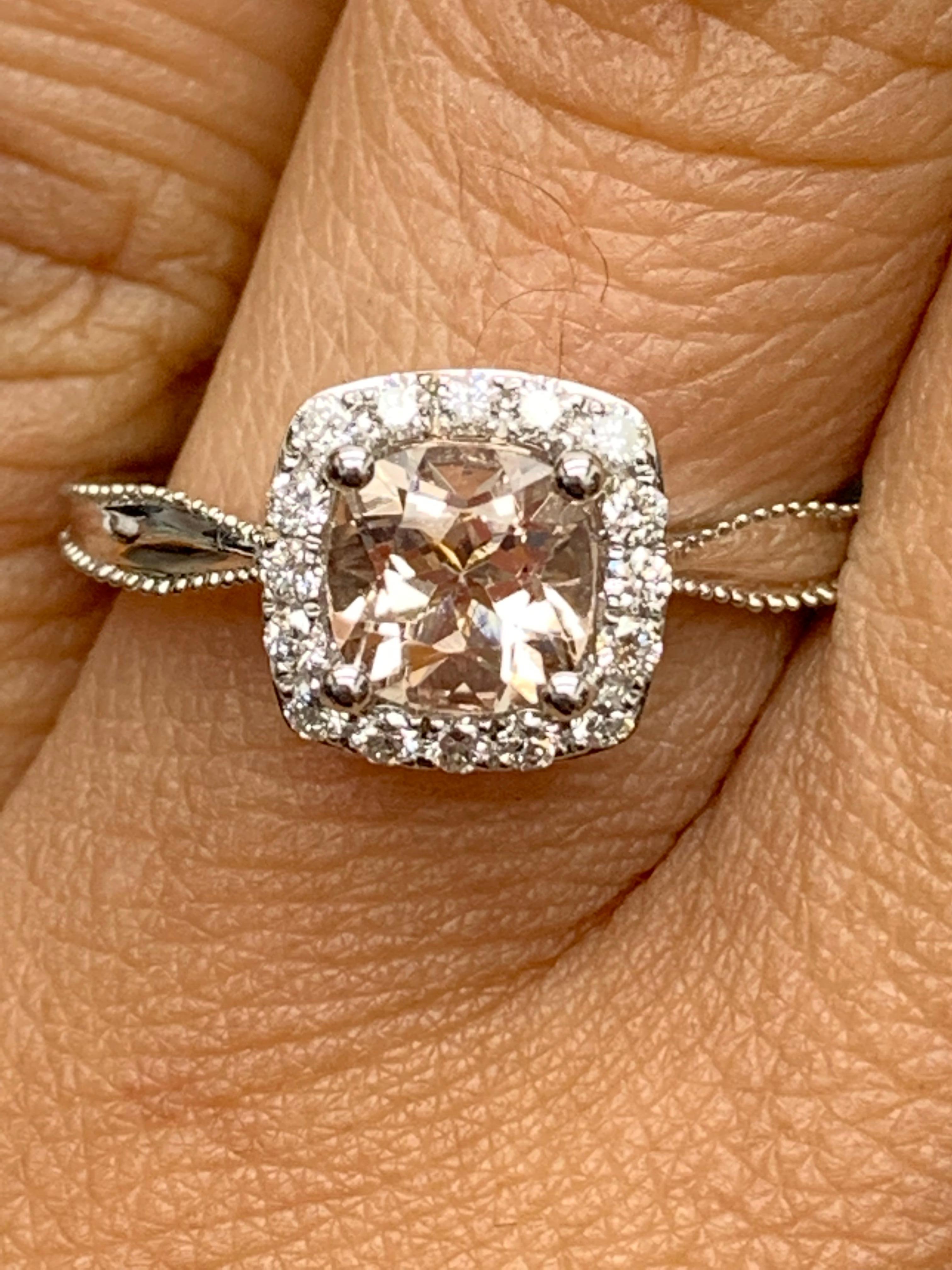0.78 Carat Morganite Halo Diamond 14K White Gold Ring For Sale 1