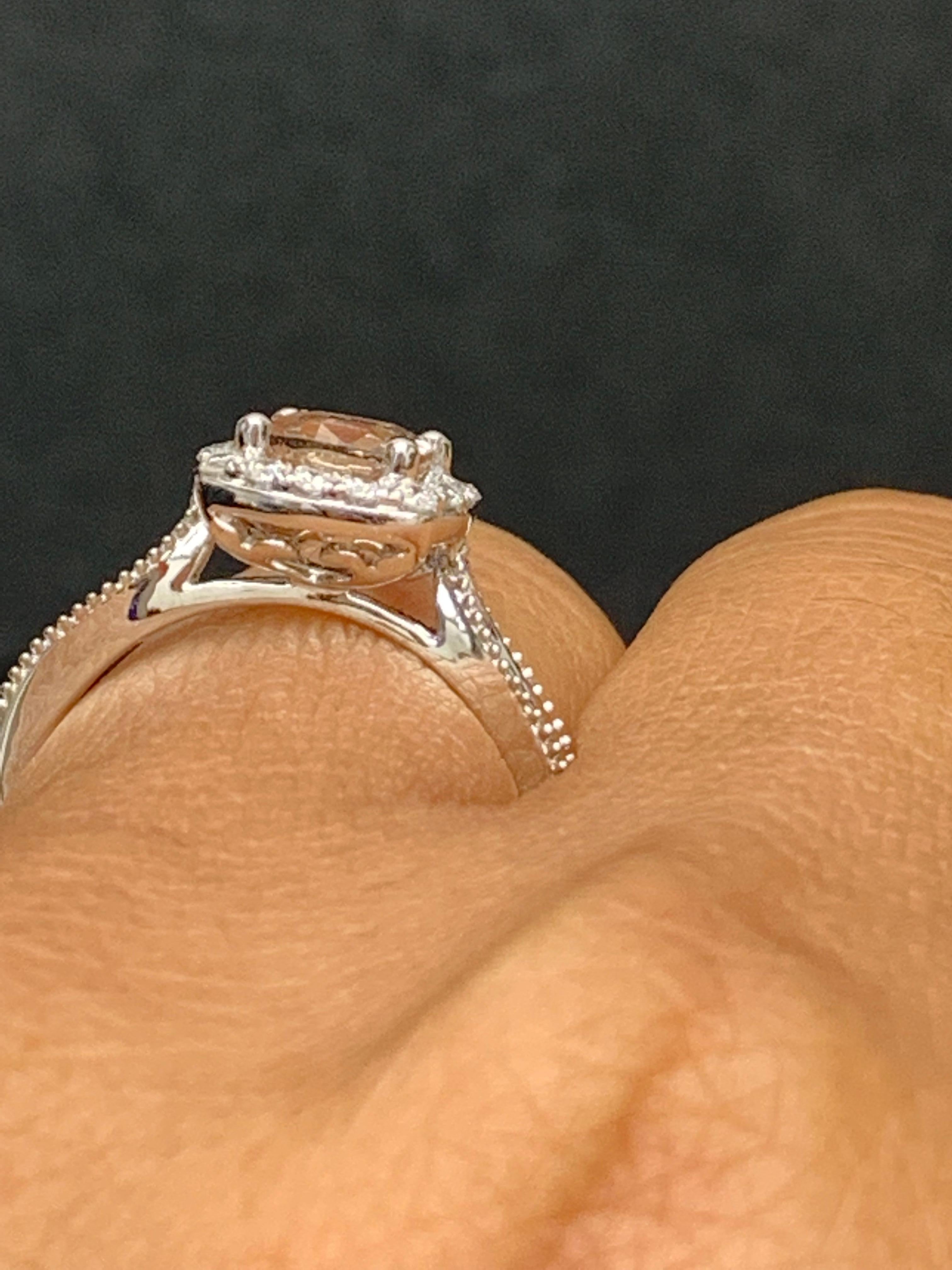 0.78 Carat Morganite Halo Diamond 14K White Gold Ring For Sale 2