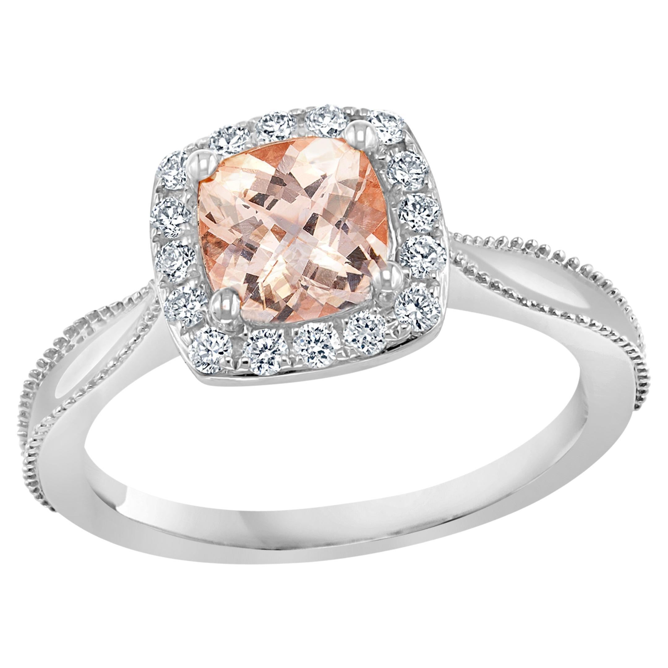 0.78 Carat Morganite Halo Diamond 14K White Gold Ring For Sale