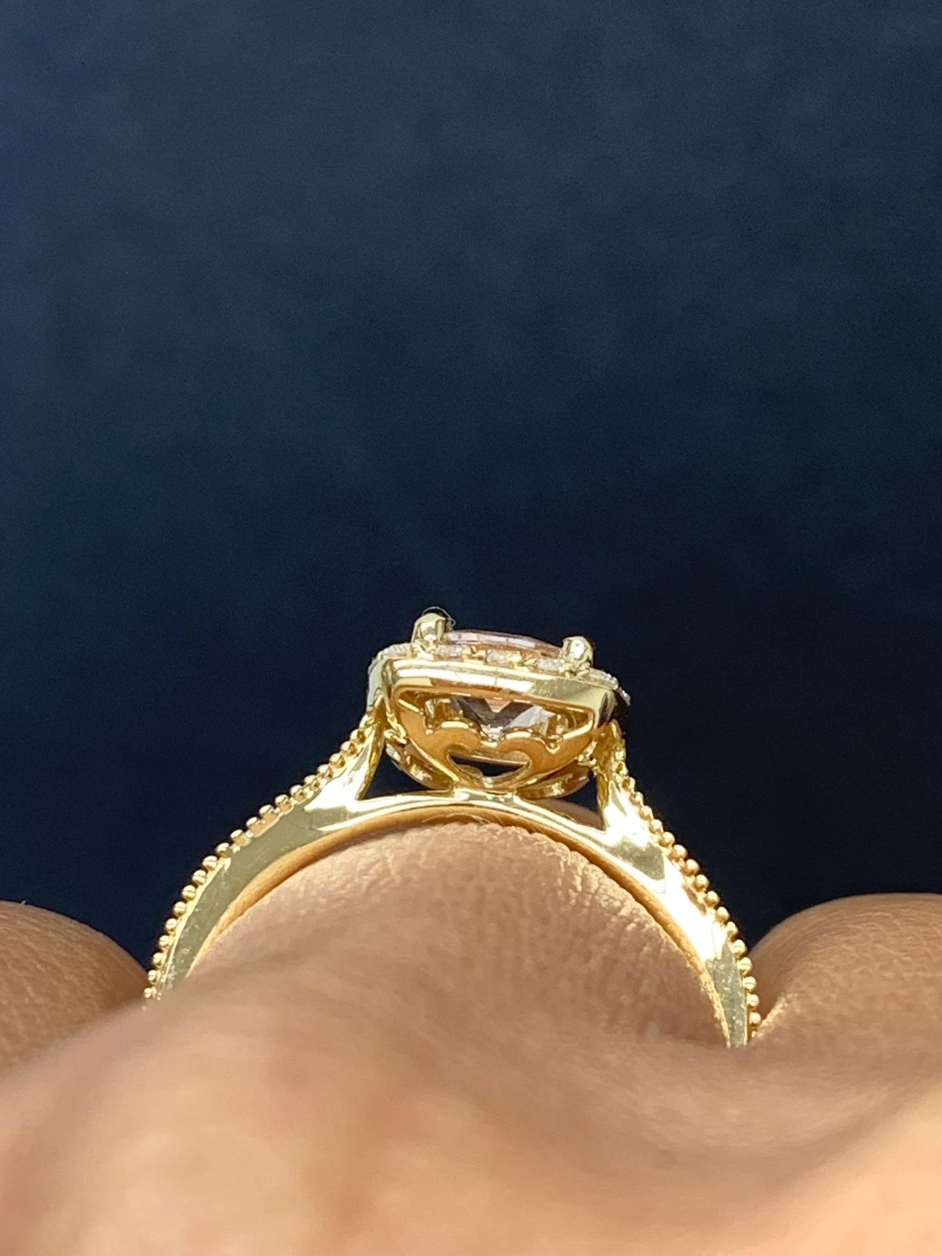 0.78 Carat Morganite Halo Diamond 14K Yellow Gold Ring For Sale 11