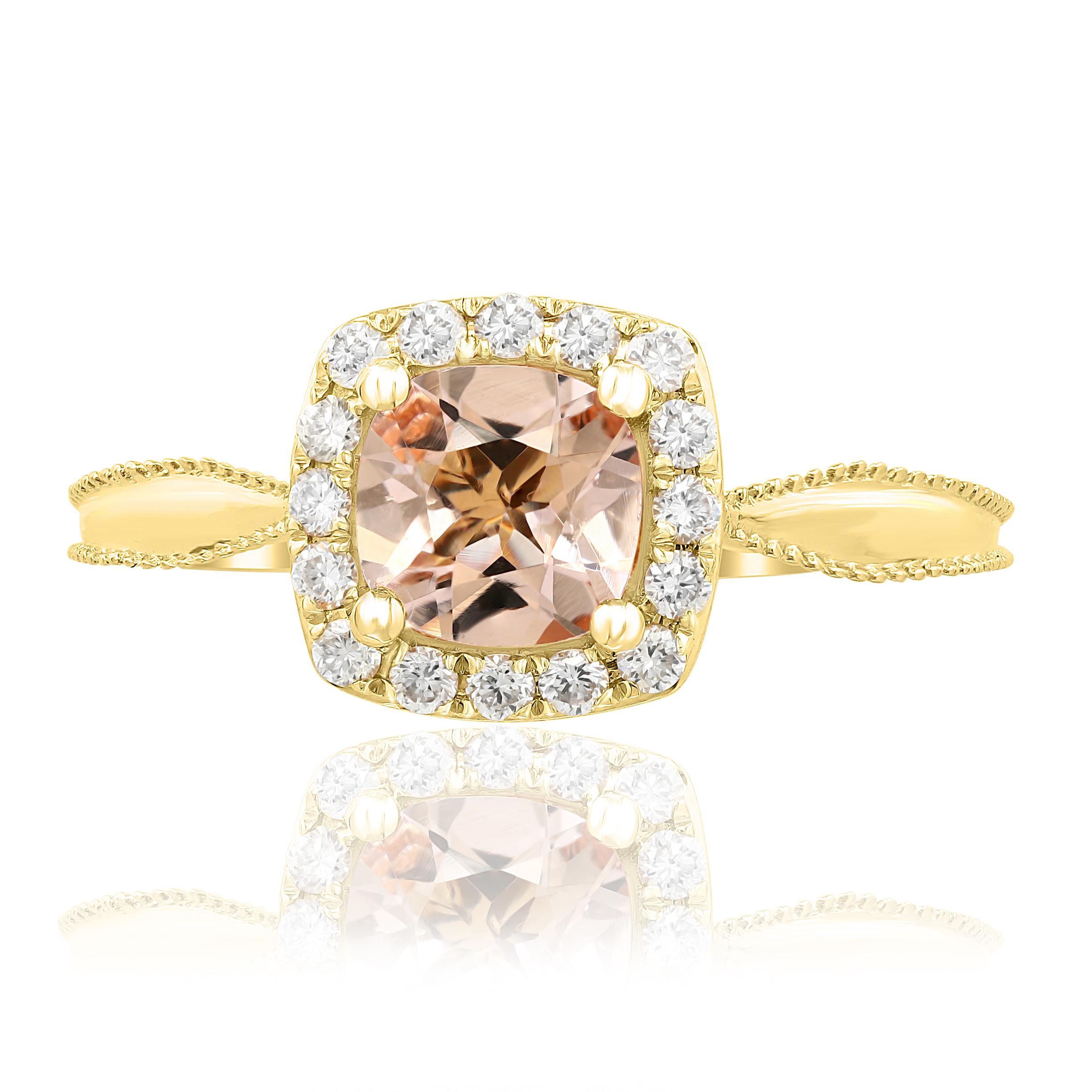 This classic Morganite Ring has an Cushion Cut 0.78 Carat Morganite as its center and is surrounded by 16 Round Cut Diamonds that weigh 0.25 Carats in 18K Yellow Gold.