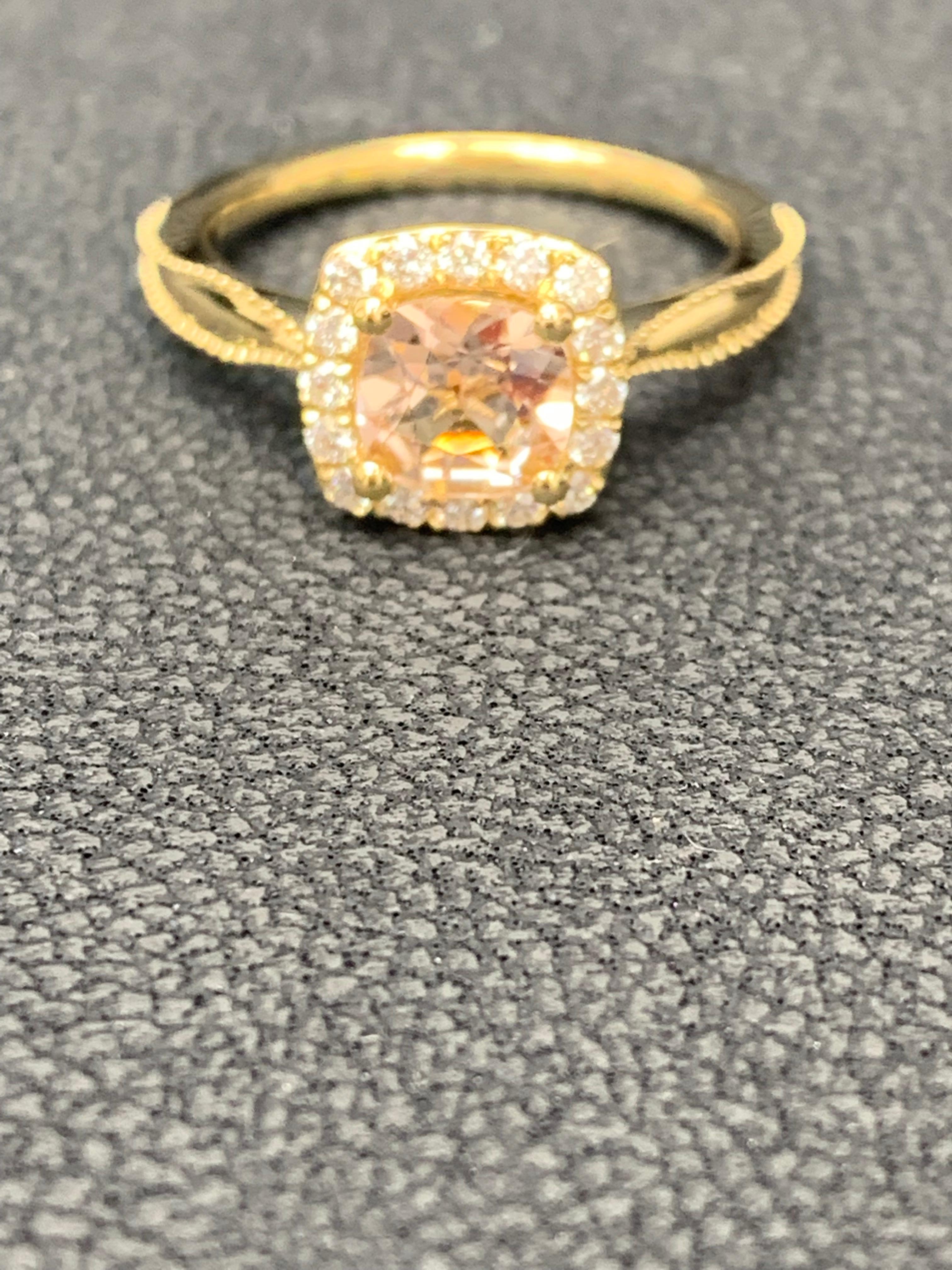 Modern 0.78 Carat Morganite Halo Diamond 14K Yellow Gold Ring For Sale