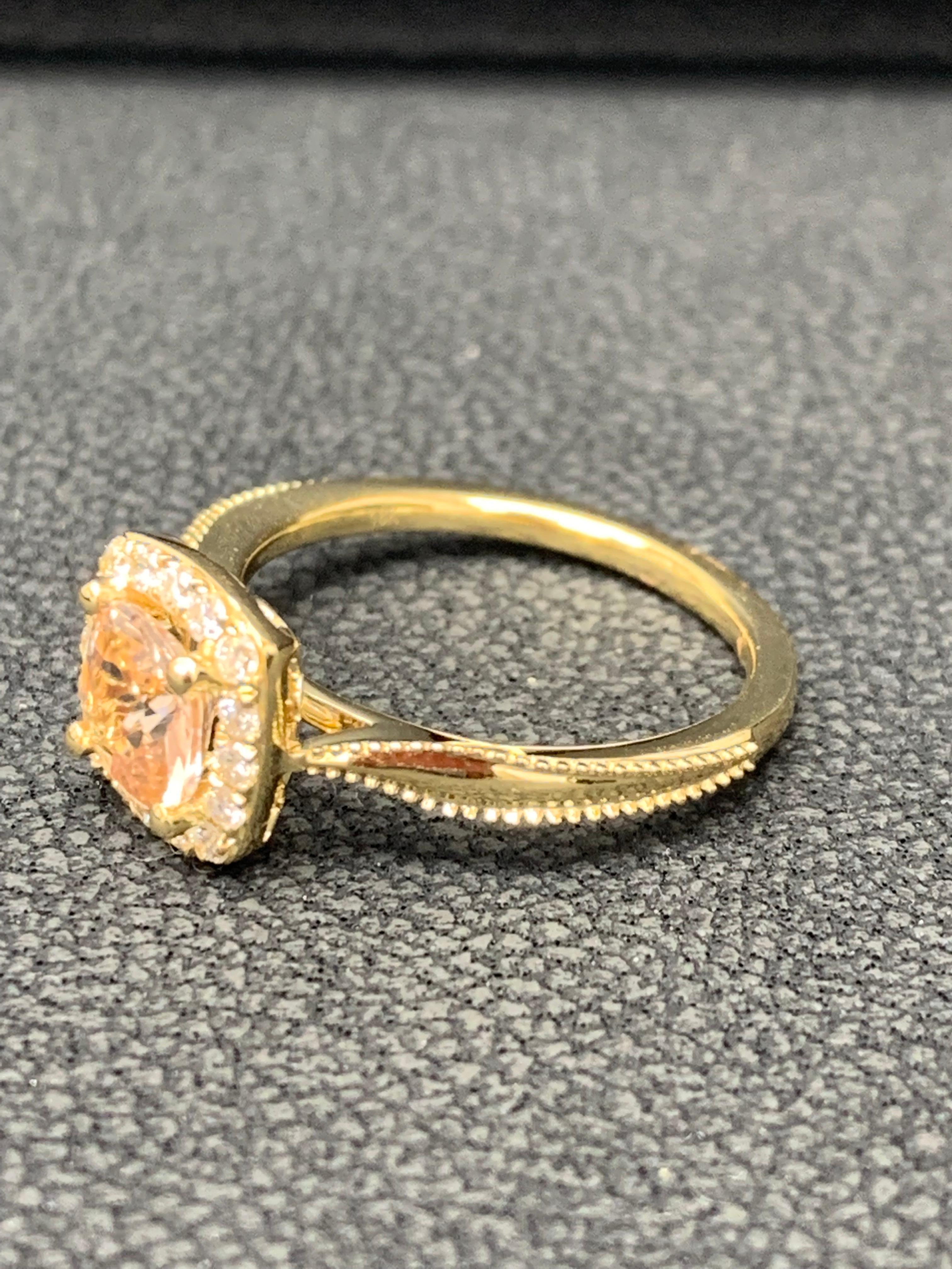 Cushion Cut 0.78 Carat Morganite Halo Diamond 14K Yellow Gold Ring For Sale